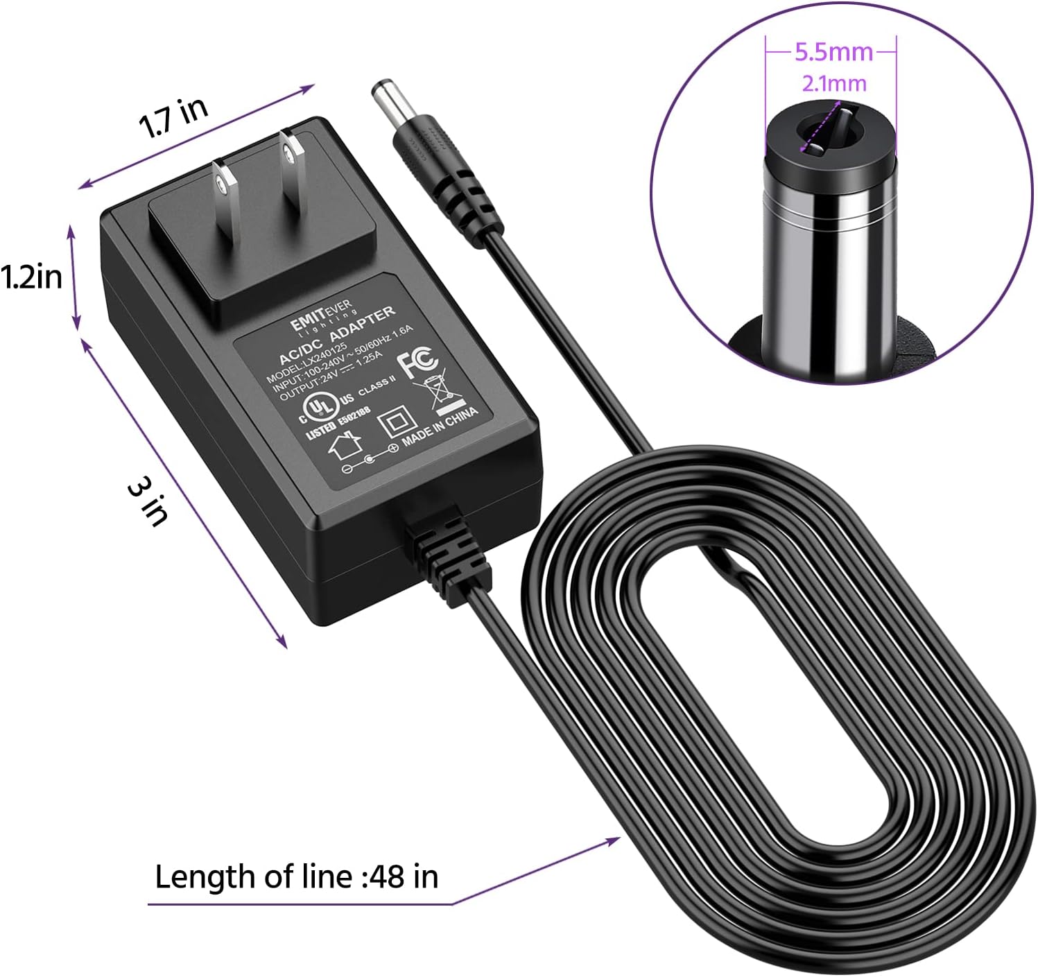 EMITEVER 24V DC Power Supply, 30W LED Power Adapter, Lighting Transformers,Input AC 100-240V UL-Listed,Class 2