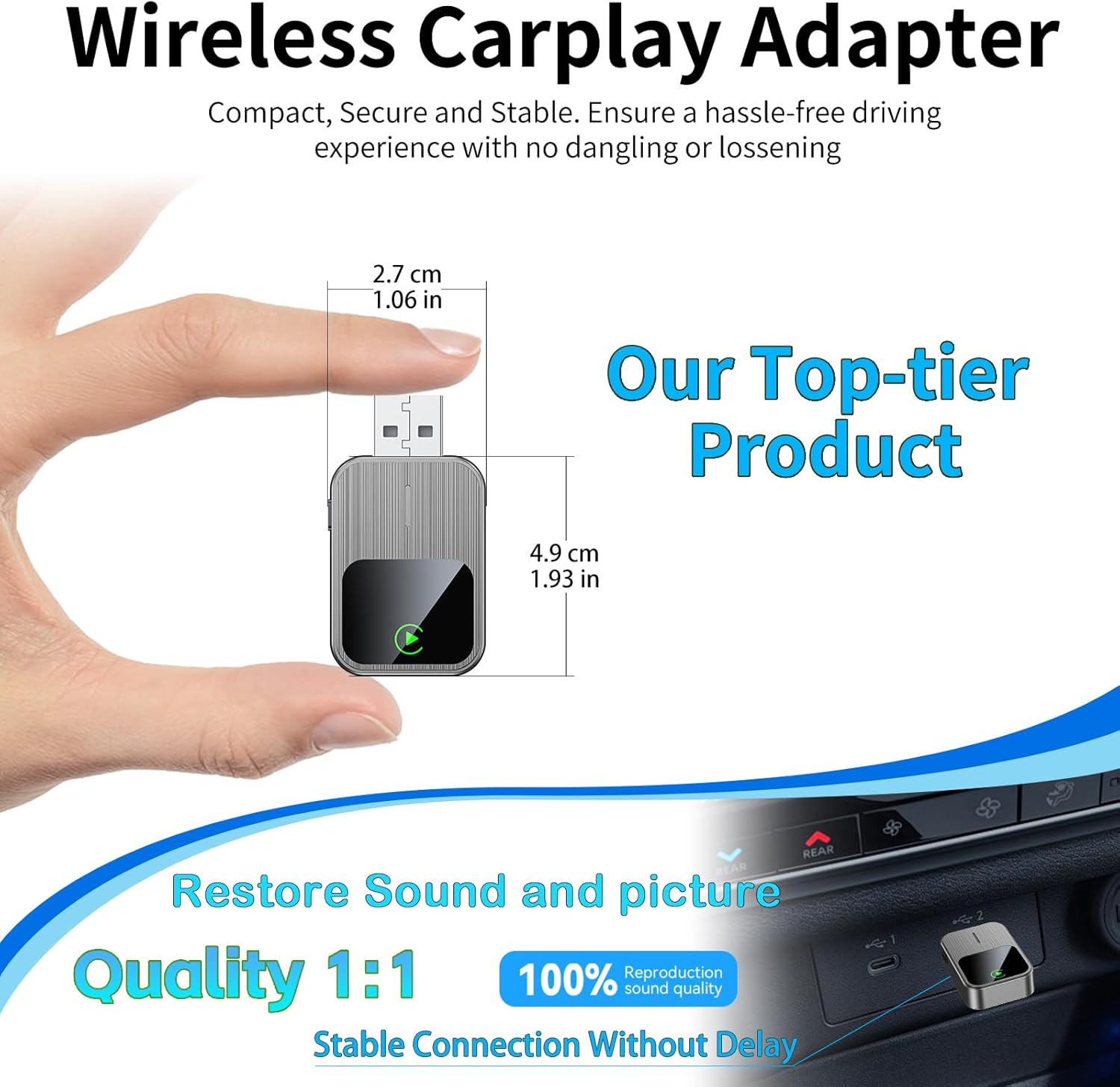 Wireless CarPlay Adapter for iPhone - Convert Wired to Wireless CarPlay, Plug & Play, Fast & Stable Connection - Mini USB & Reset Button, Compatible with Cars 2016+ (Grey) - Image 2