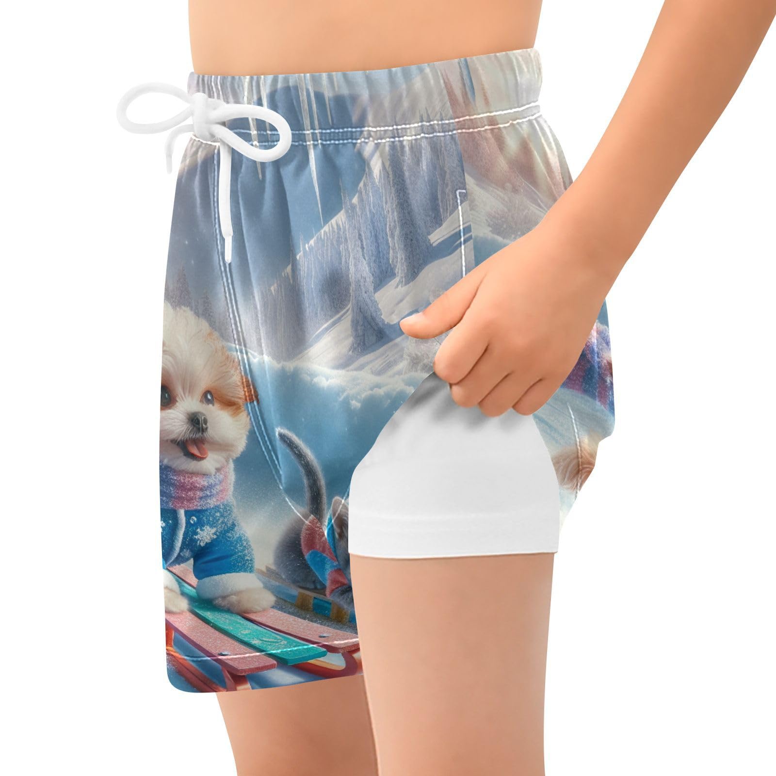 YANENDIE Boy Swim Trunks with Compression Liner Cat and Dog Skiing Boys Swim Shorts Quick Dry Beach Shorts