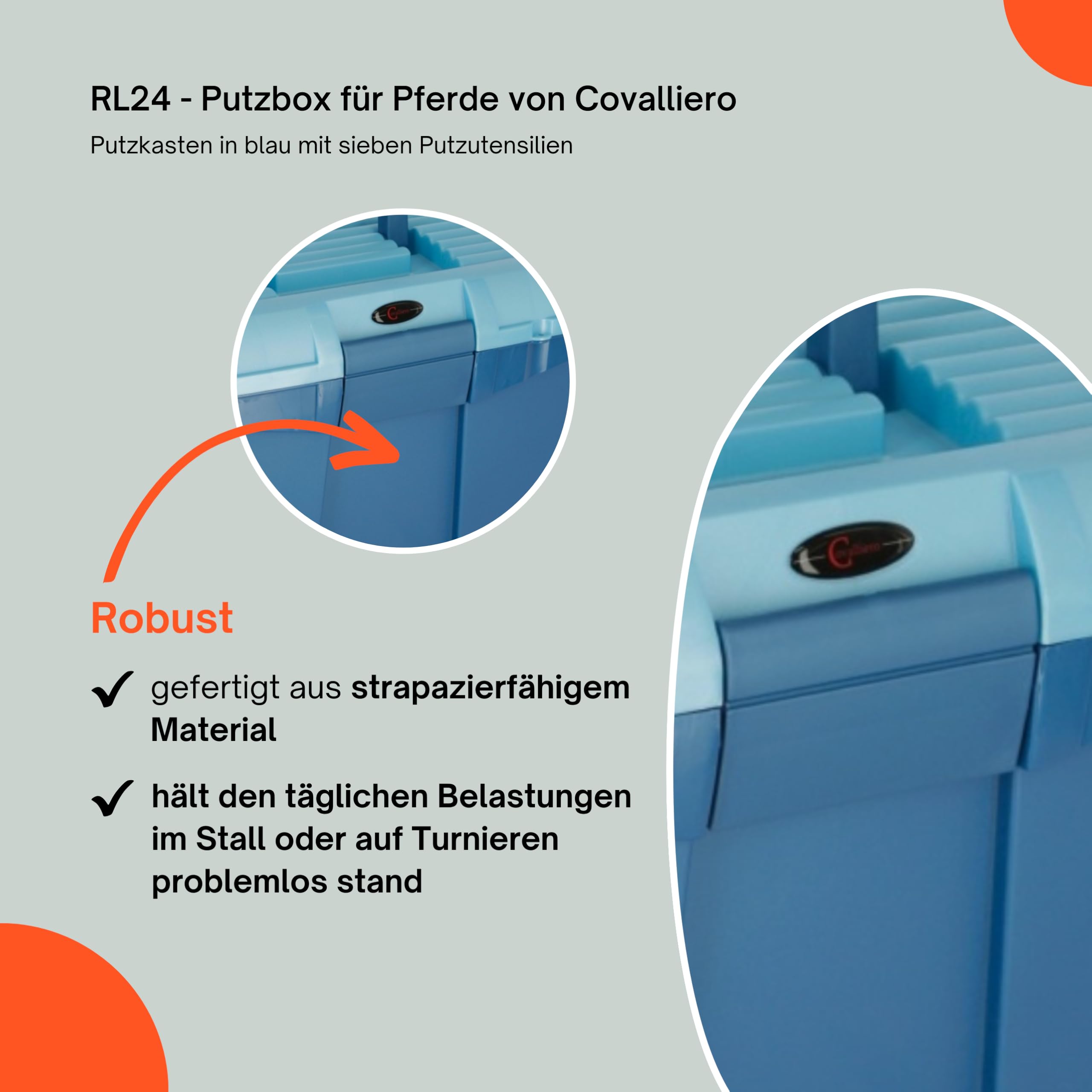 RL24 - Putzbox für Pferde von Covalliero | Putzkasten mit Hufreiniger, Mähnenkamm, Striegel, Schwamm, Kardätsche & Pferdebürste | Putzkoffer für Pferde | Pferdepflege Set 7-teilig