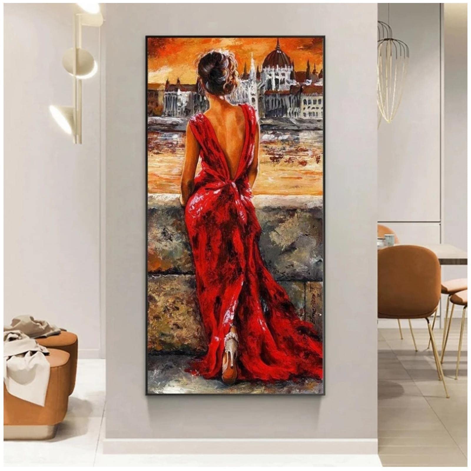 Amazon｜ロマンチックな赤いドレスの女性のポスターキャンバス絵画北欧