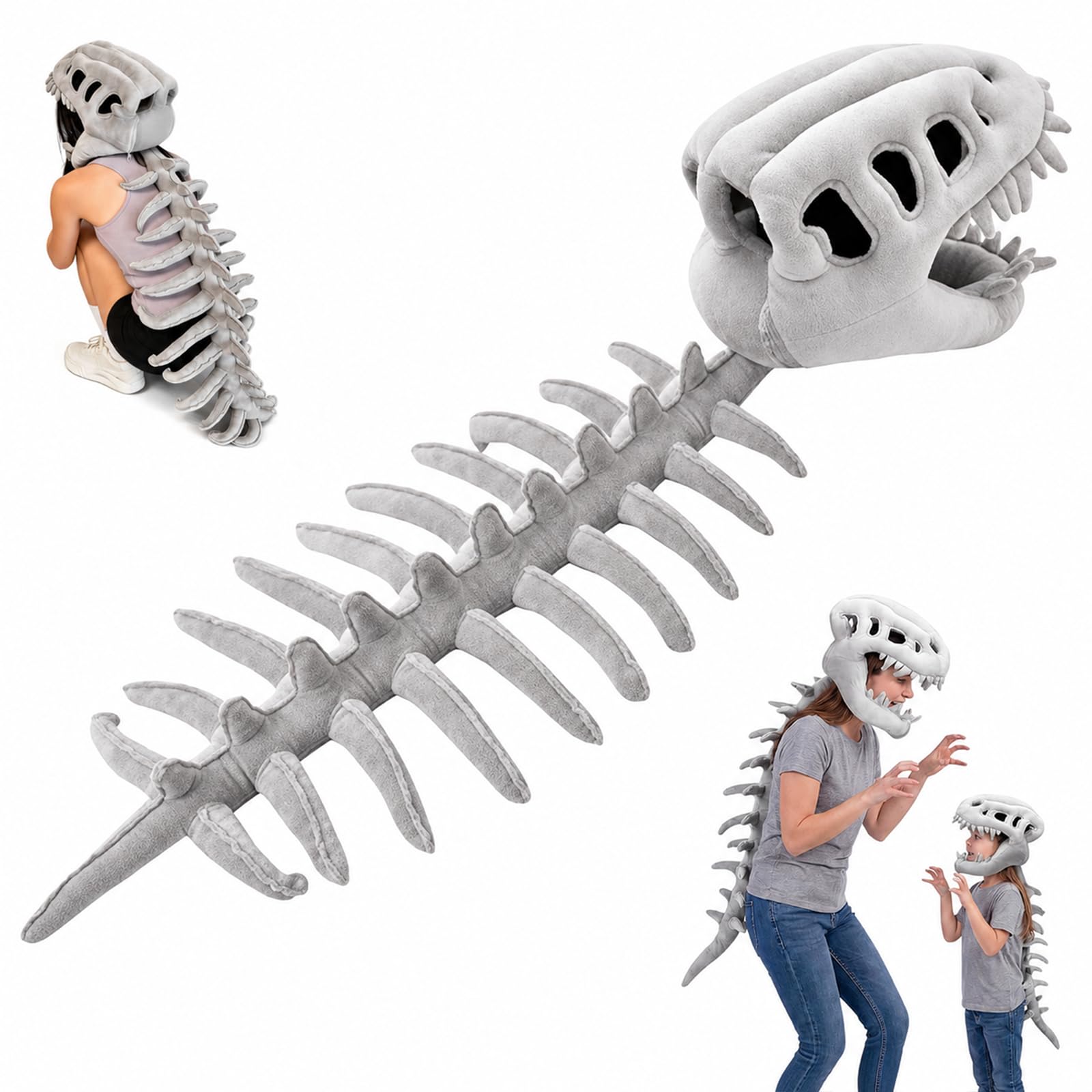 DVDVBOOM Dinosaur Skeleton Costume, 3D Wearable Spinosaurus Skull Dino Outfit Props, Washable Themed Cosplay Costumes for Halloween (Grey, 120cm/47.2in)