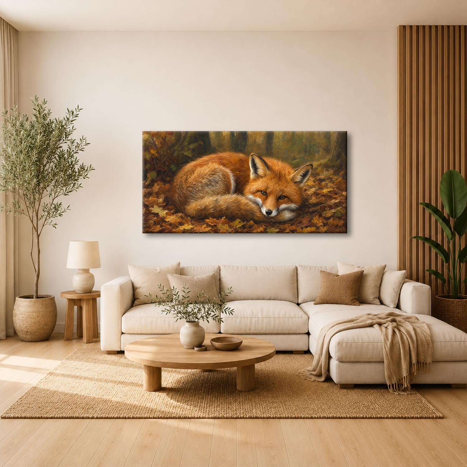 deyoli Obraz na płótnie Uśpiony lis w jesiennych liściach 60 x 30 cm kolorowy