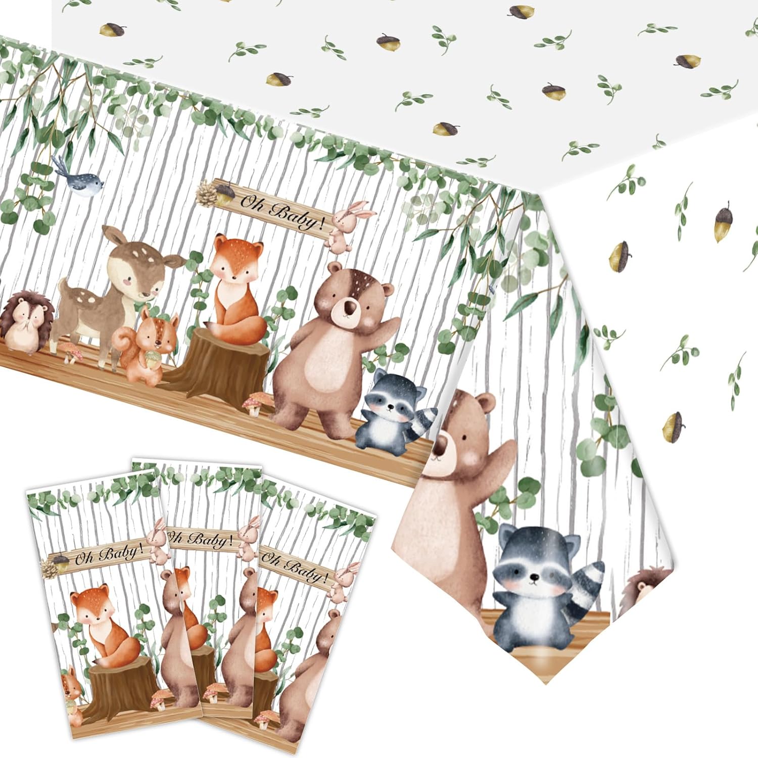 3PCS Woodland Animals Plastic Plastic Tablecloth, Boy Girl Birthday Table Decoration Waterproof Rectangle Forest Table Cloth for Jungle Baby Shower Decorations(54 * 108inch)