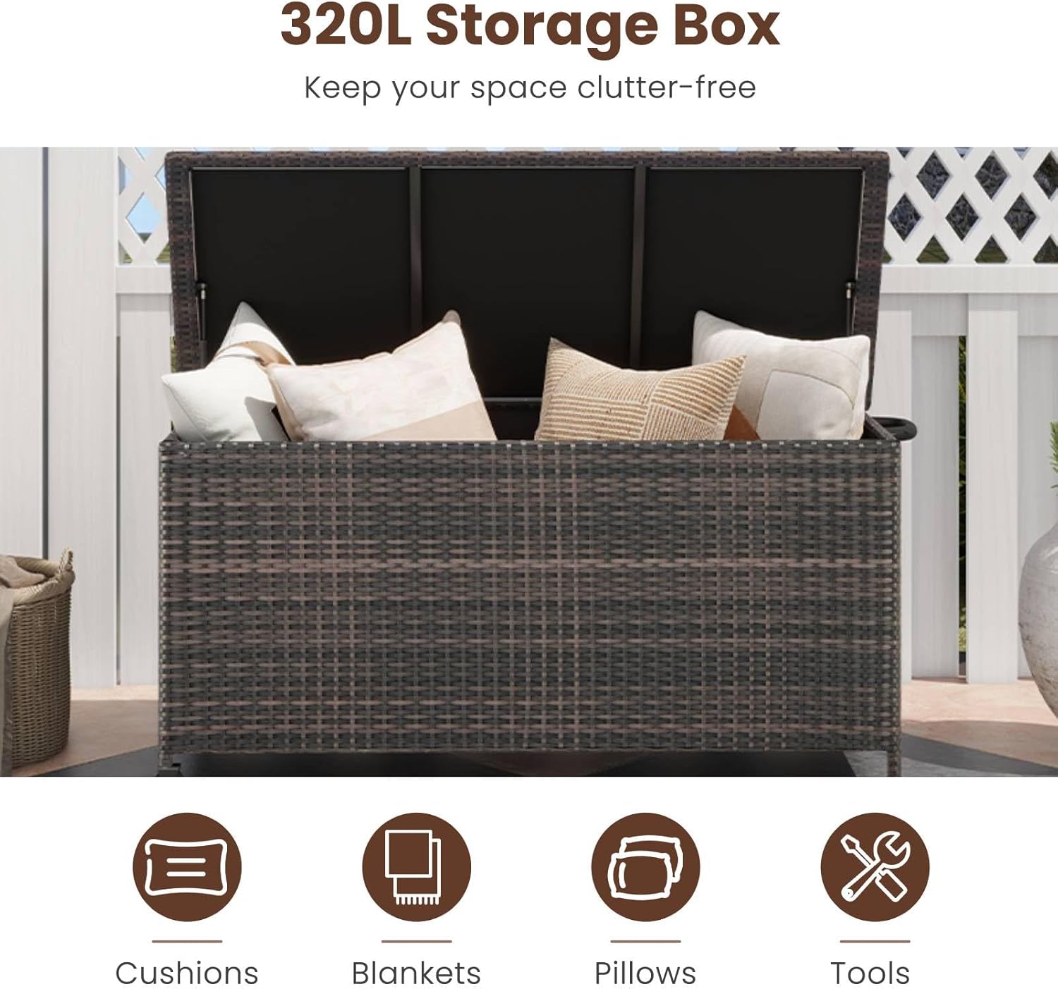 TANGZON 320L Garden Deck Box, Patio Cabinet Container with Polyester Liner, Universal Wheels & Gas Strut, Indoor Outdoor Storage Box for Pillows, Cushions & Tools (with Regularly-Woven Rattan, Brown)
