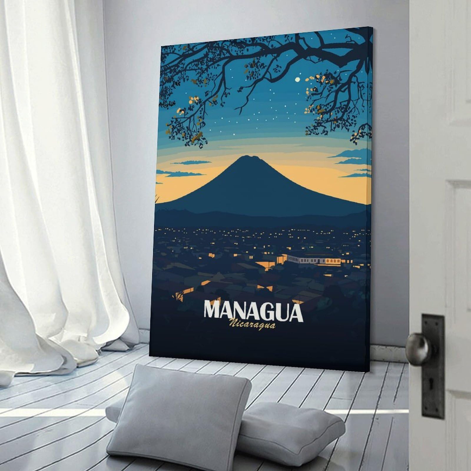 Junmoney Canvas Wall Art Managua Nicaragua Cityscape at Night, 16x24inch(40x60cm), for Bedroom, Guest Room Or Reading Nook, Canvas Wall Decor for Personal Spaces