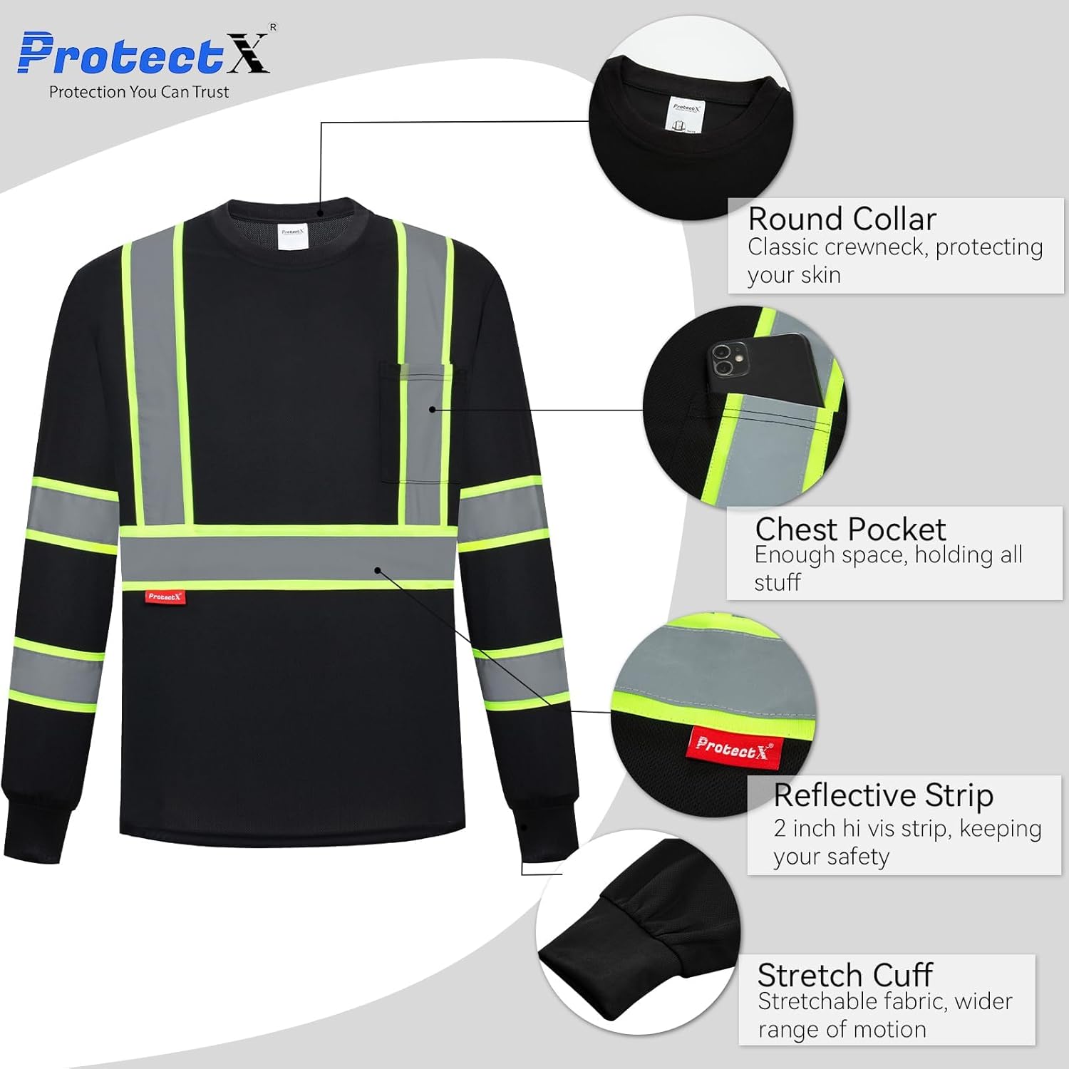 ProtectX High Visibility Long Sleeve Shirts Reflective Hi Vis Safety Shirt for Men Women Class 2-3 Construction Shirt 1 Pack - Image 2