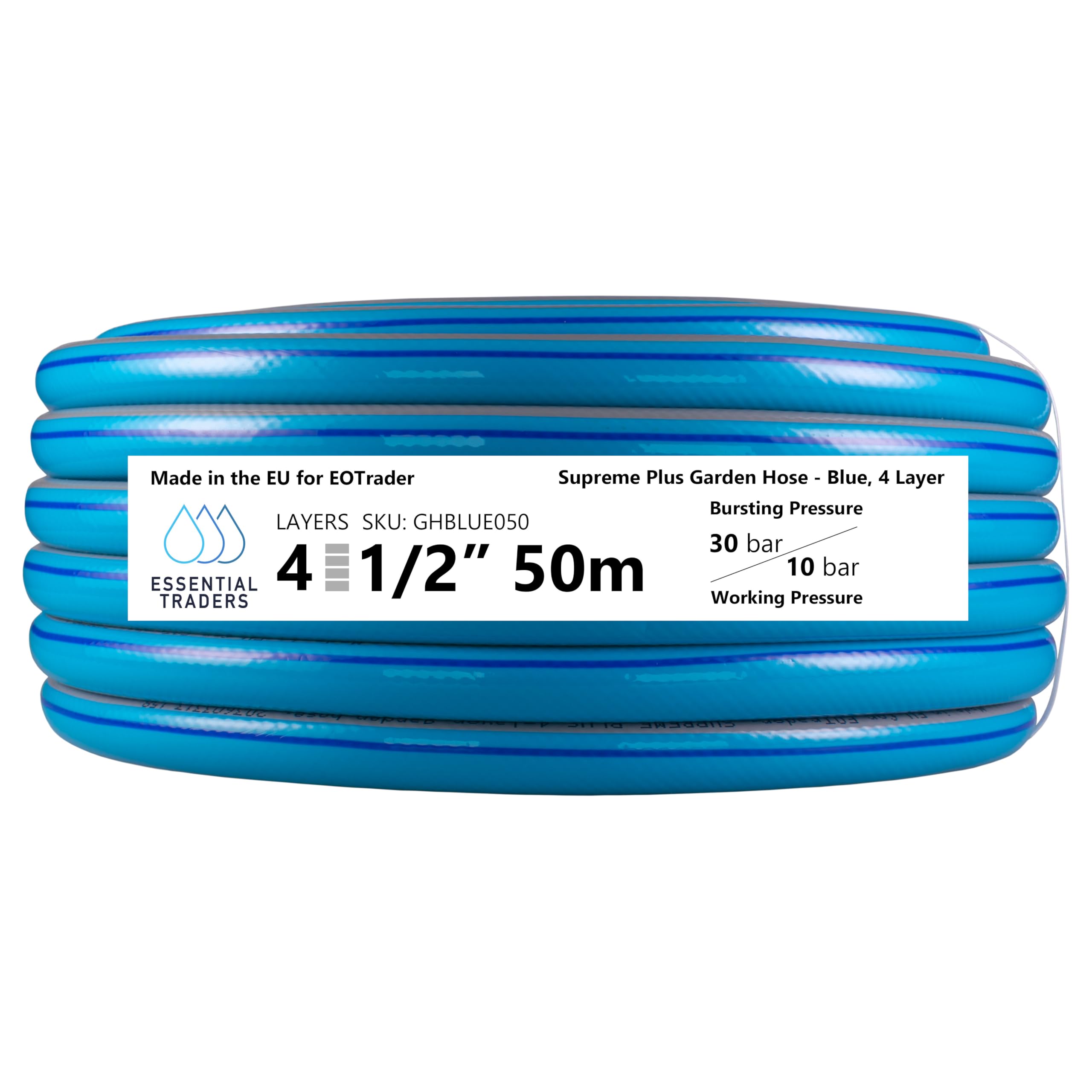 Blue & Grey 4-Layer Reinforced Garden Hosepipe – 1/2" Heavy-Duty, Kink Resistant, UV-Resistant, Flexible Water Hose with Anti-Leak Technology for Garden, Lawn, Patio, Car Wash & Outdoor Cleaning (50m)