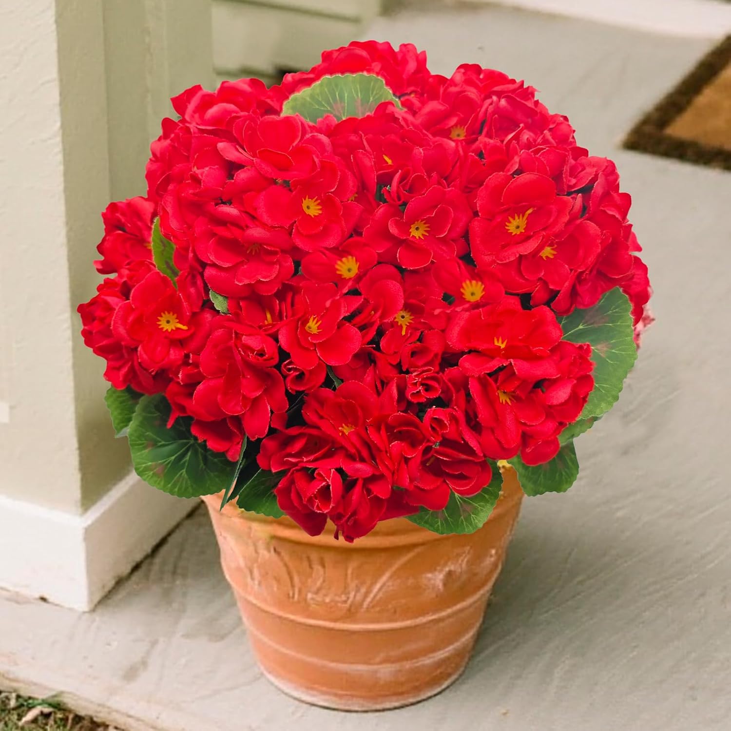 UV Resistant Red Geranium Fake Outdoor Flowers Christmas Decor- 6 Bundles Realistic Silk Artificial Flowers for Outside for Planter Hanging Basket, Faux Plants for Garden Porch Yard Home Décorations