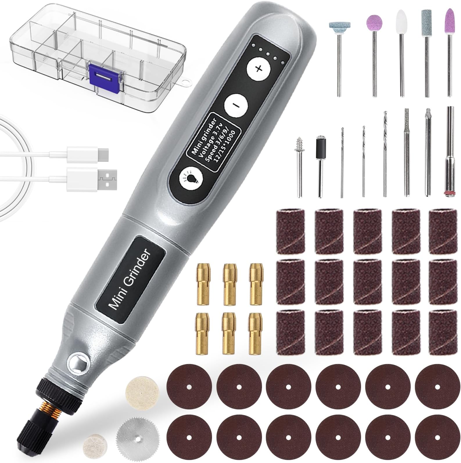 Cordless Mini Rotary Tool Kit - 5 Speed Adjustment USB Rechargeable Mini Grinder with Light 50 Accessories Multi-Purpose Power Rotary Tool for Sanding Polishing Drilling Etching Engraving DIY Crafts