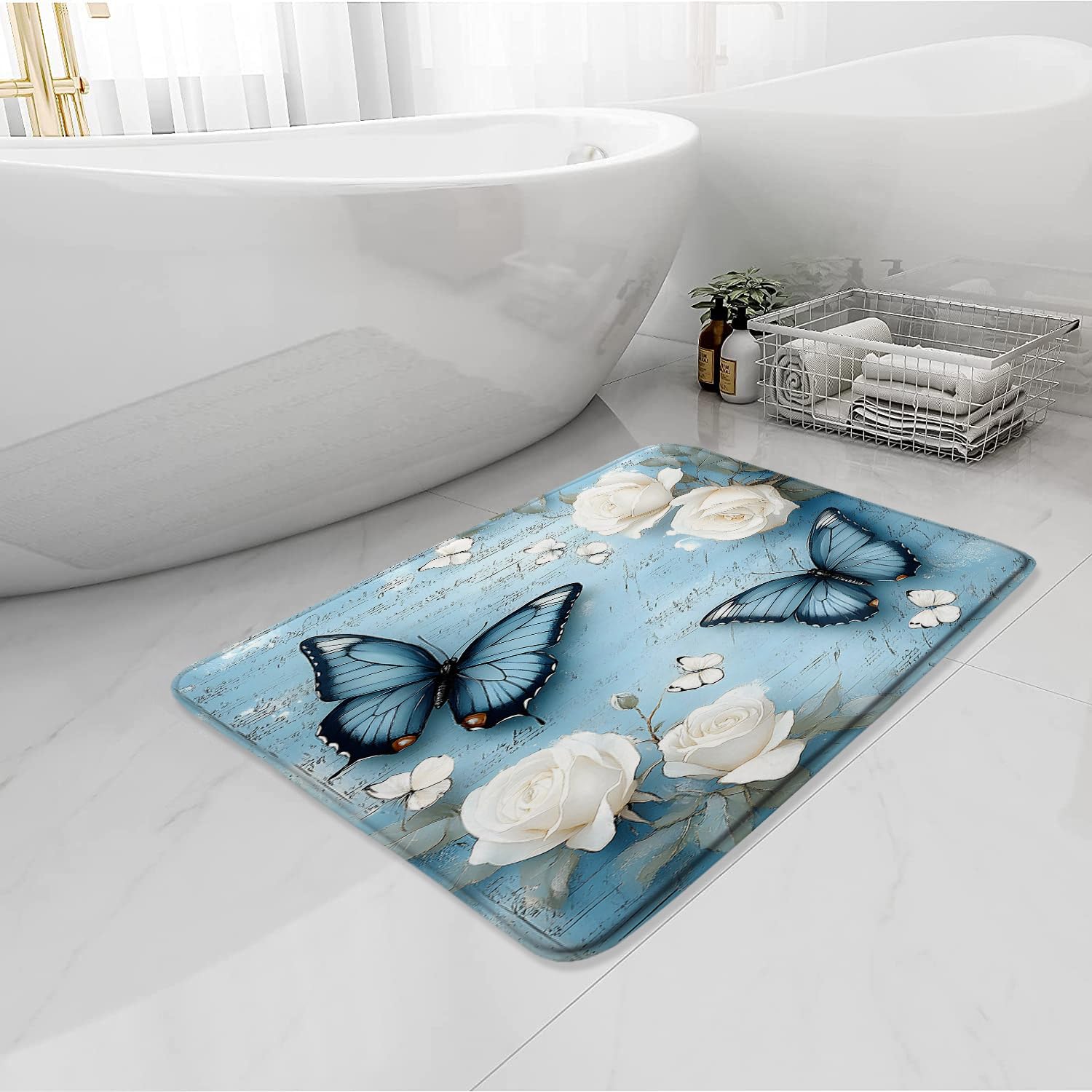 Floral Butterfly Bath Mat Blue Butterfly Vintage Flower Rose Rustic White Floral Botanical Romantic Elegant Art Bathroom Rug Memory Foam Home Decor