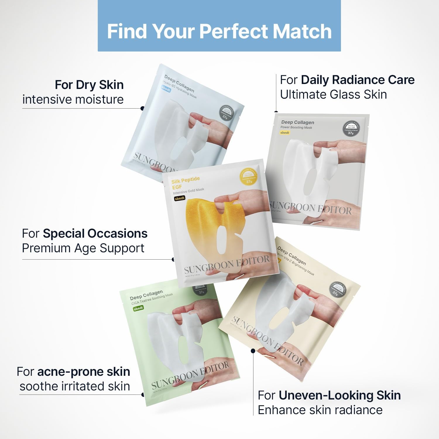 SUNGBOON EDITOR Deep Collagen Overnight Glow Mask Set, Korean Sheet Mask Trial Set with 10 Masks in 5 Types, Deep Collagen & Gold Overnight Mask for Hydration, Soothing, Glow and Firm-Looking Skin