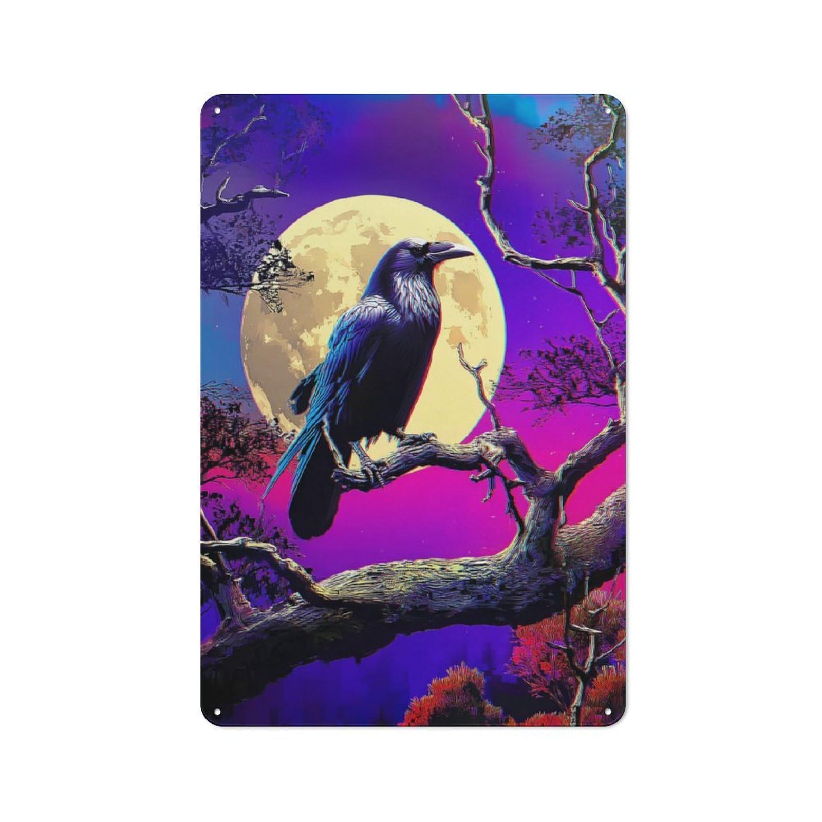 Junmoney Moonlit Raven Reflections Tin Wall Sign With Design 30X20cm, Classic Diner Style Decor For Bakery, Diner, Cafe Or Family Room