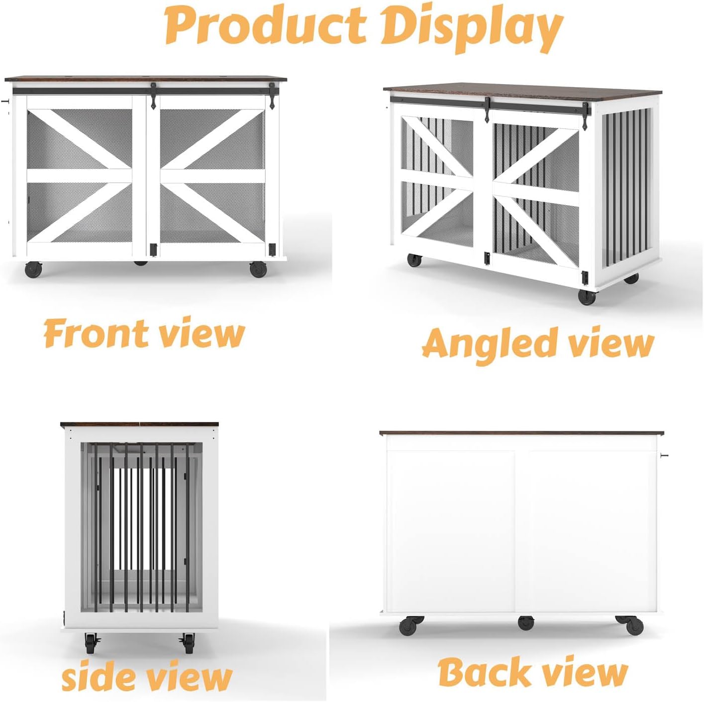 47" Large Dog Crate Furniture with Sliding Door, XL Wooden Dog Kennel Furniture Indoor with Wheels and Removable Divider, Farmhouse Decorative Pet Cage End Table, White