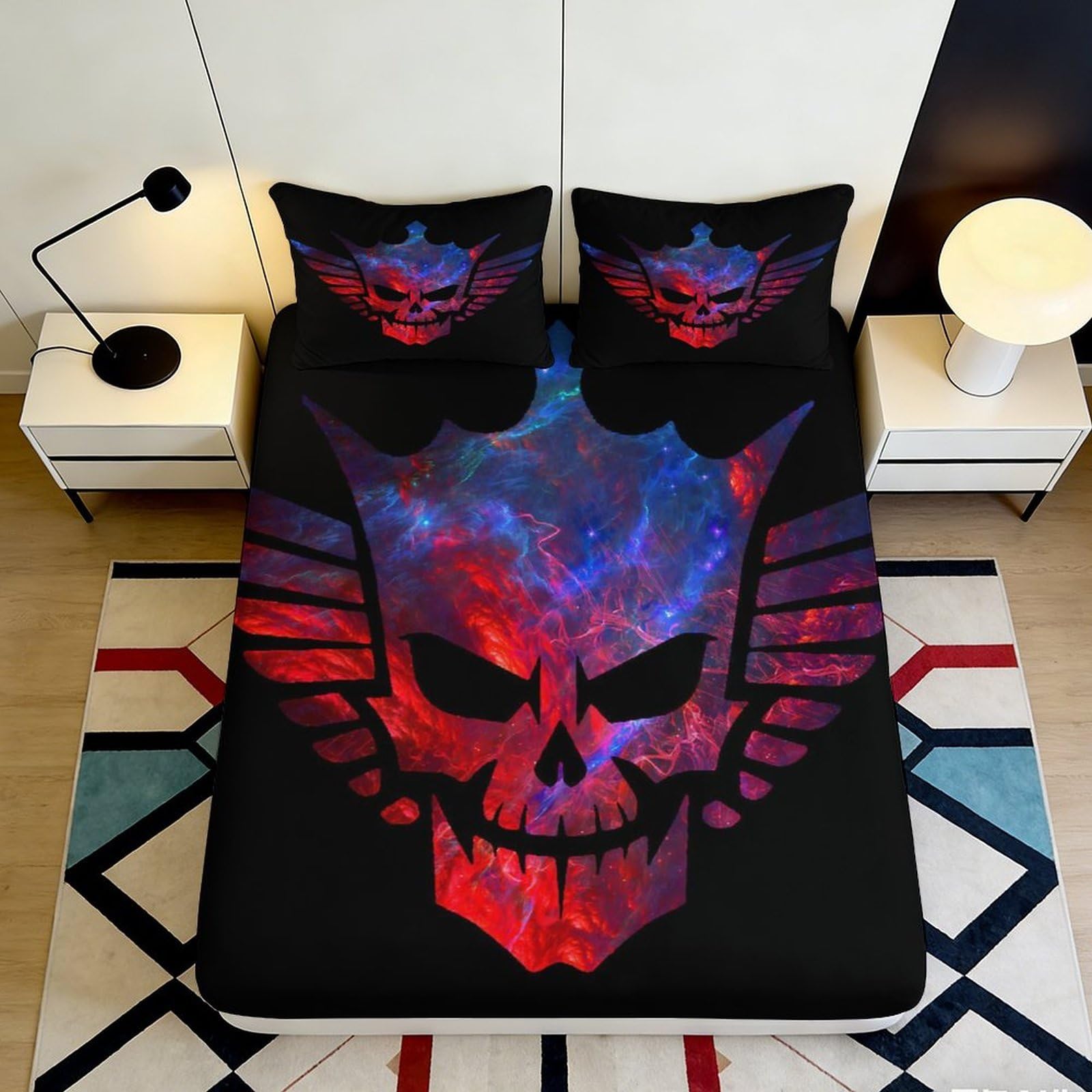 3D Printed Skull Pattern Fitted Sheet Microfiber Deep Pocket Non-Slip Bedroom Skull Mattress Fitted Cover for Adults Teens 200x200x25cm 90x200x25cm