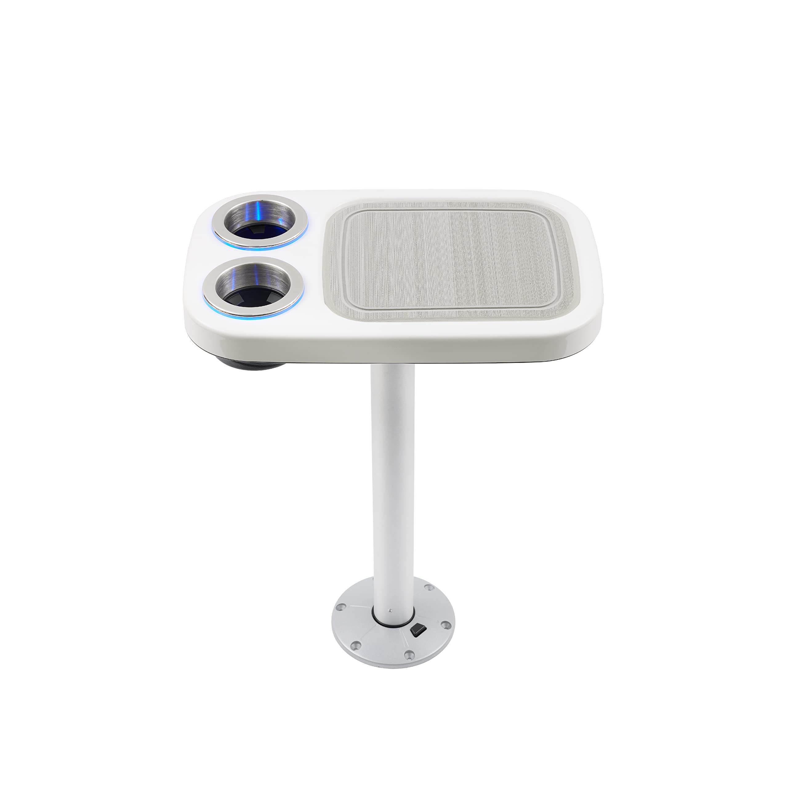 Manufacturers' Select Battery Op Lit Marine Cocktail Boat Table Leg Set with Blue LED Drink Holders Pontoon Accessories, Pedestal Table (Glossy White Table/Silver Leg/Titanium Grey Mat)