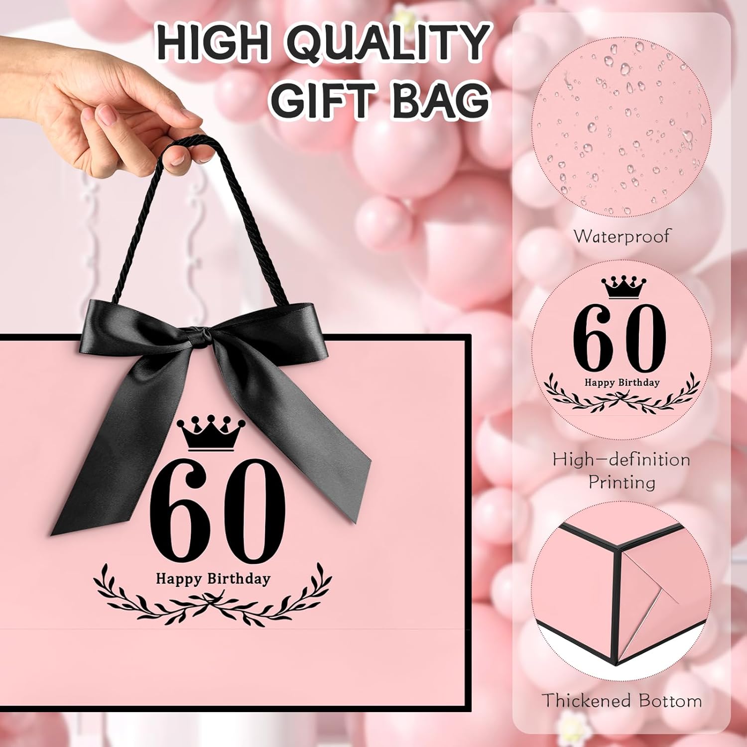 60th Birthday Bag, Pink with Bla Satin Bow & Crown Design,