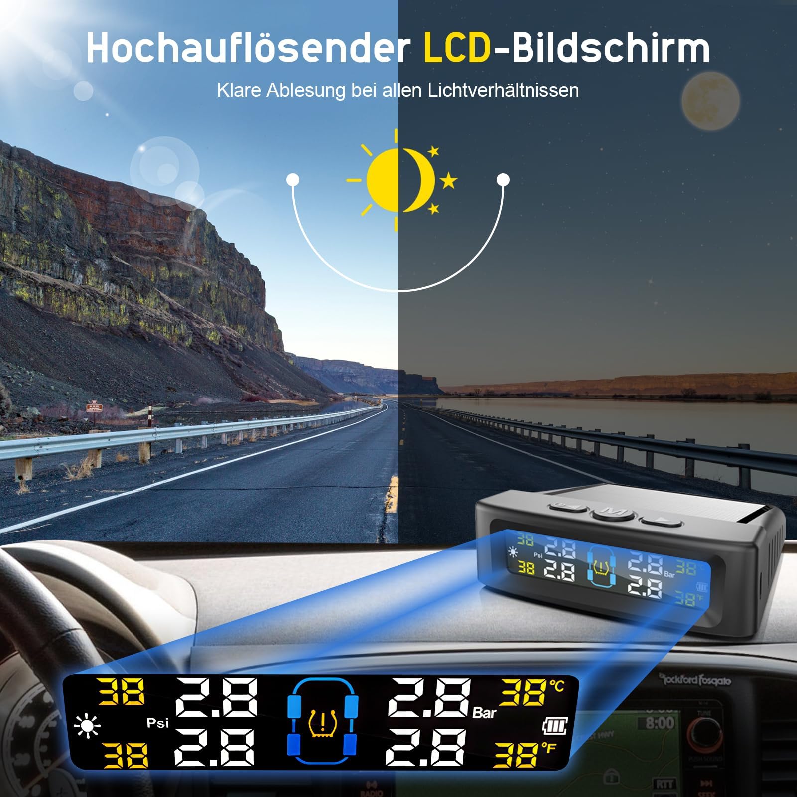 1 Set Reifendruckkontrollsystem für Skoda Karoq 2021-2024, Solar Funk RDKS Reifendruckmesser LCD Display Auto Reifen Sensor Warnung Alarmsystem