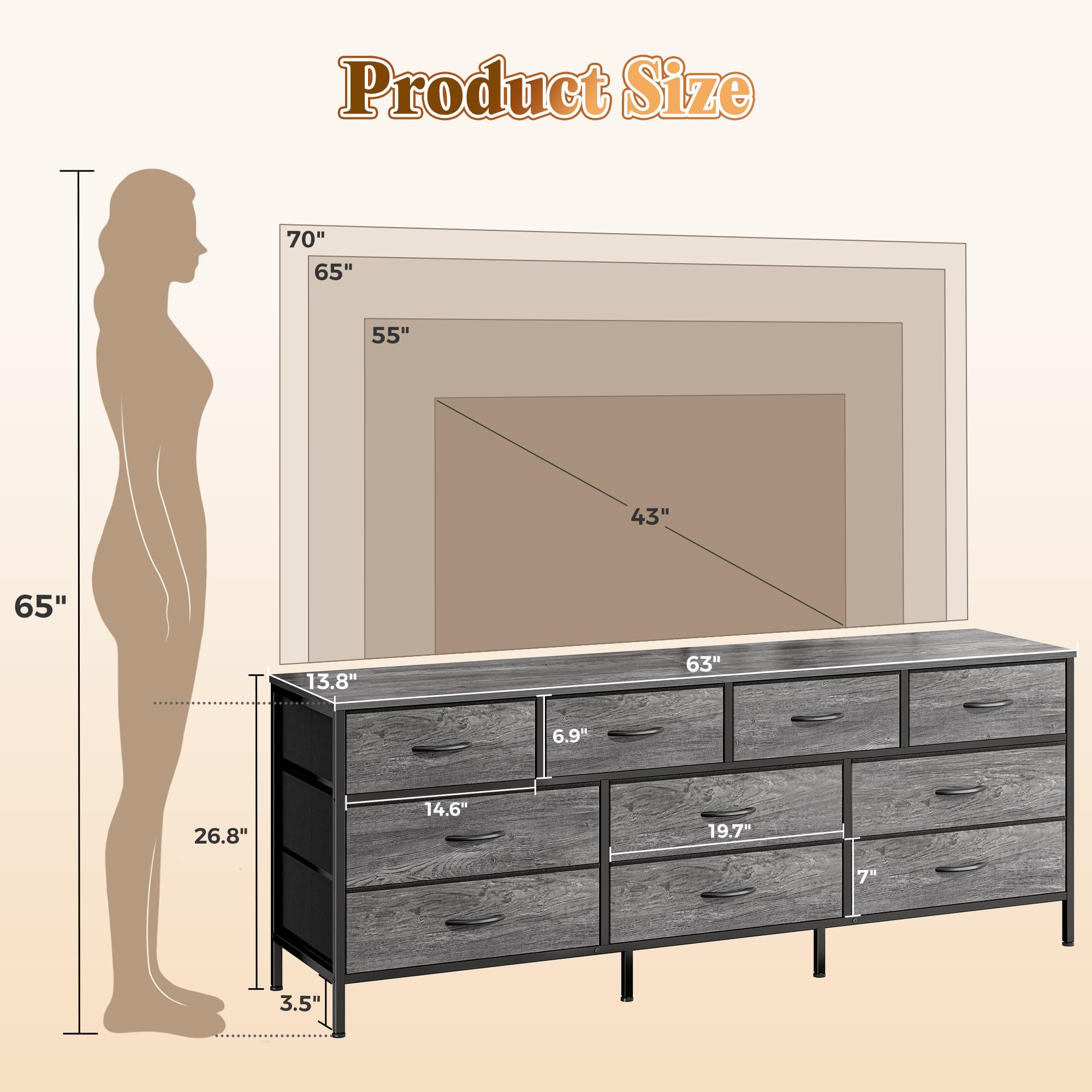 Cómoda de 63 pulgadas para dormitorio, cómoda larga con 10 cajones de tela, soporte de TV para TV de 55, 65, 70 pulgadas, organizador de almacenamiento de juguetes para armario, gris 3