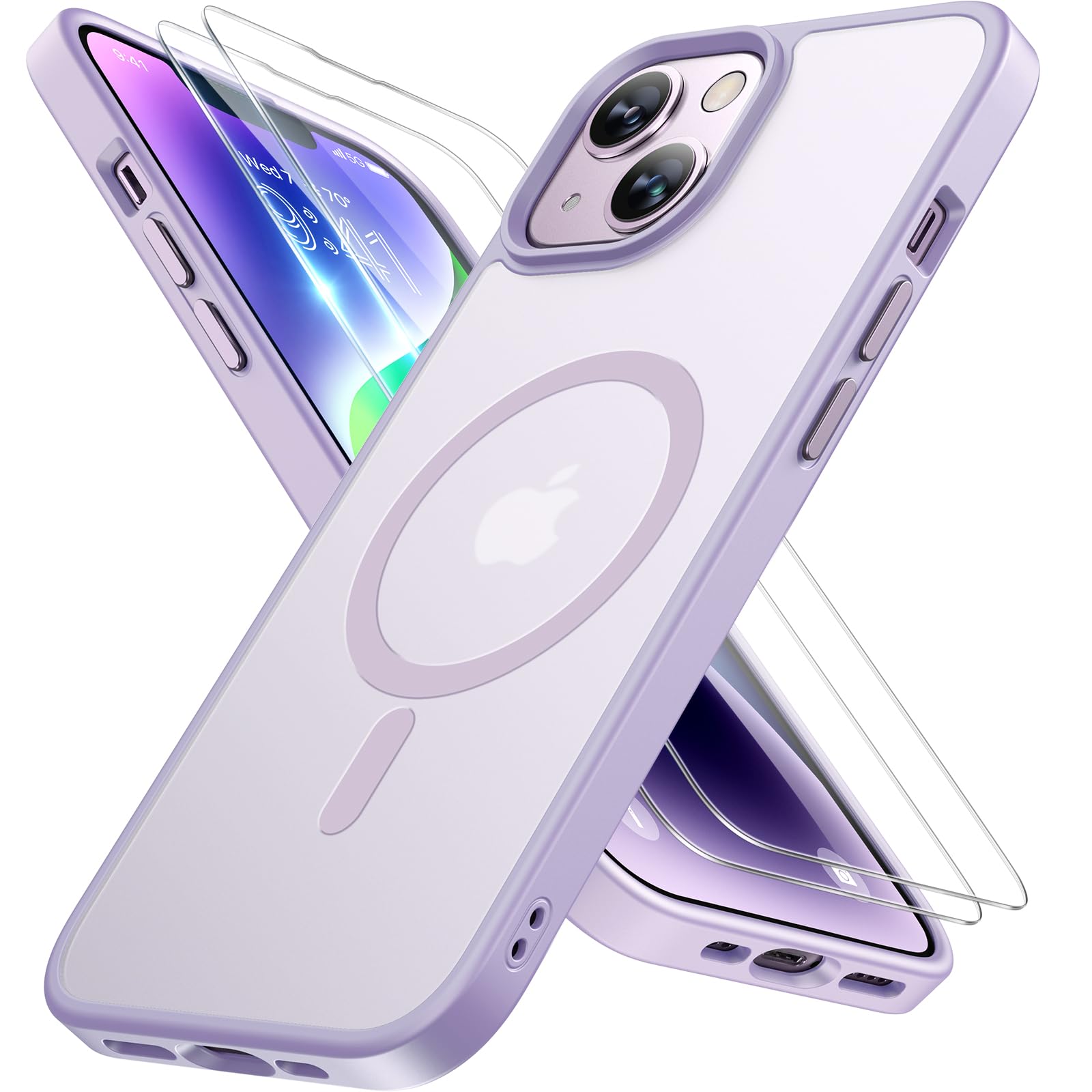 Miracase Magnetic for iPhone 14 Plus Case 6.7 inch (Compatible with MagSafe)（with 2X Screen Protectors） Military-Grade Protection, Anti-Fingerprint Translucent Matte Phone Case Cover, Light Purple