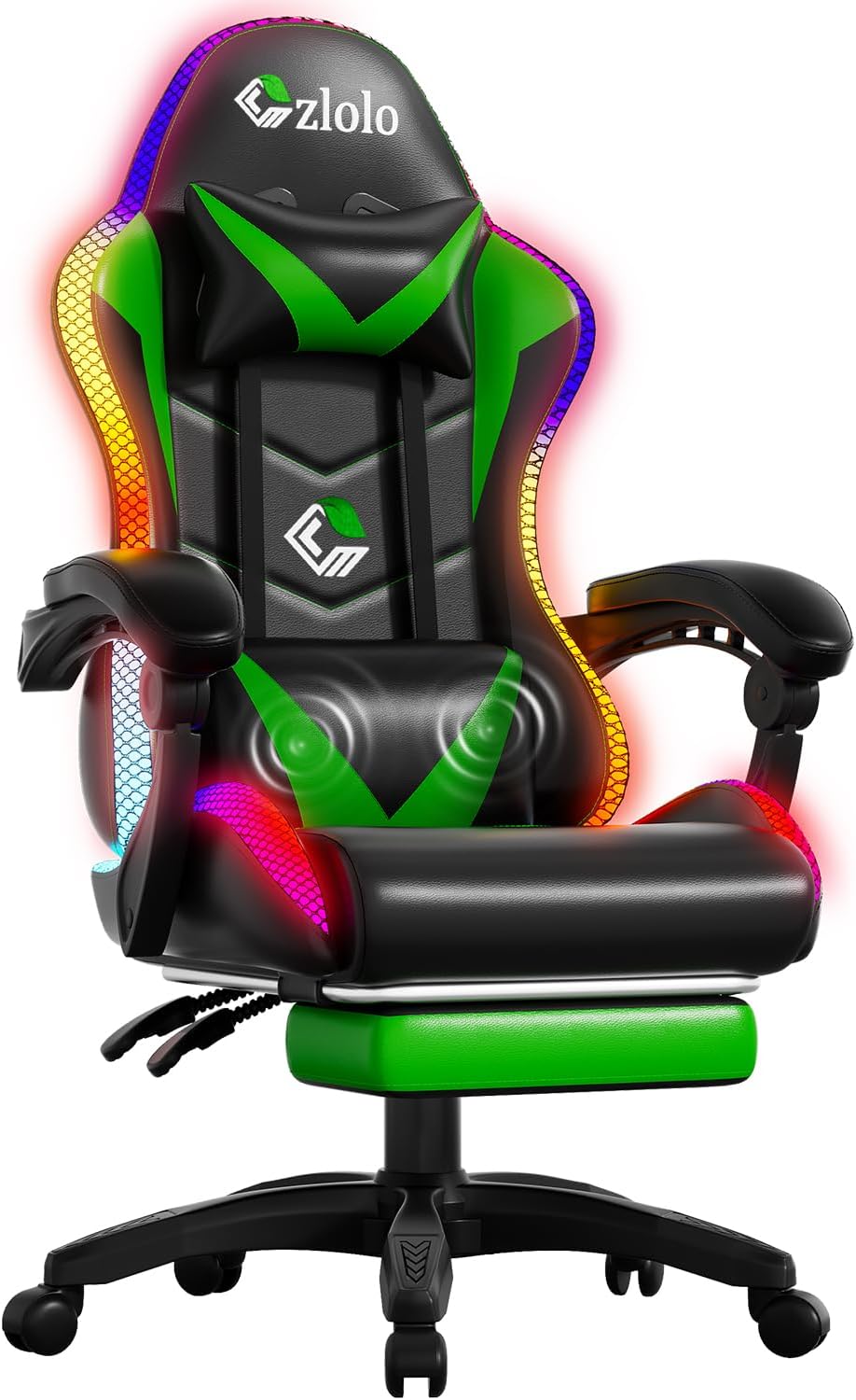 Czlolo Gaming Chair, Racing Style RGB LED Lights Gaming Chairs for Adults and Kids, Lumbar Massager Gamer Chair, High Back Reclining Computer Chair with Footrest and Headrest (Black/Green)