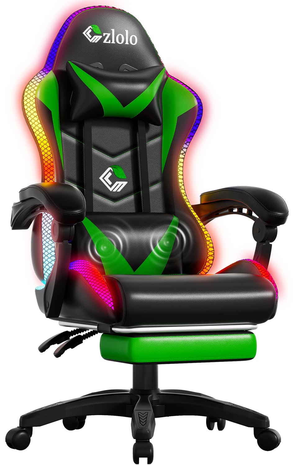 Gaming Chair, Racing Style RGB LED Lights Gaming Chairs for Adults and Kids, Lumbar Massager Gamer Chair, High Back Reclining Computer Chair with Footrest and Headrest (Black/Green)