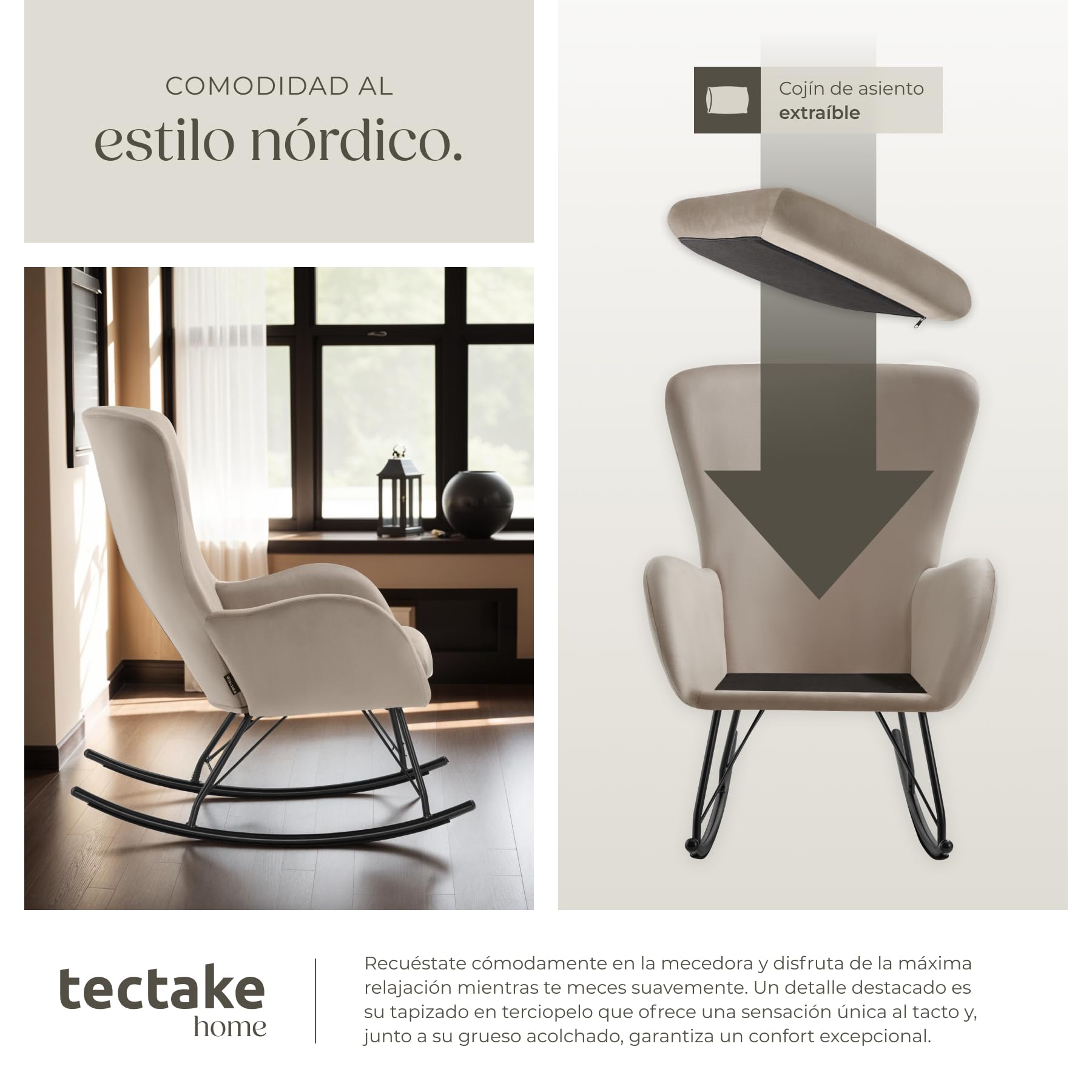 tectake® Mecedora con Respaldo Grande y cojín extraíble, Acolchado Grueso, Estructura de Acero Resistente, sillón, Silla Relax, butaca Dormitorio, Mecedora Lactancia - Negro/Gris Pardo