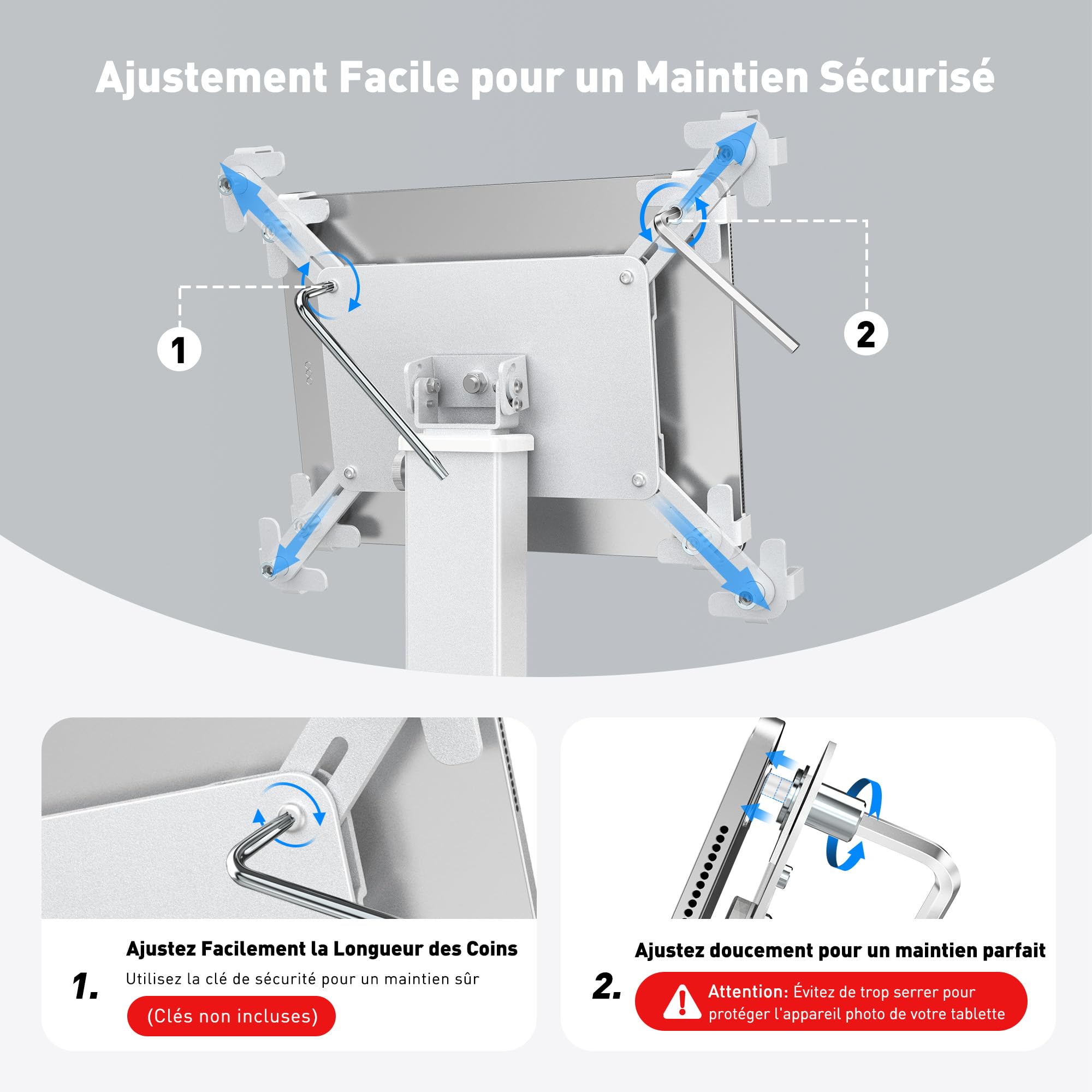 AboveTEK Support Kiosque Antivol pour iPad, Rotation 360°, Hauteur Réglable 21-34cm, Acier/Aluminium Robuste, pour Tablettes 9.7"-13", Support POS Sécurisé pour Commerce-Argent