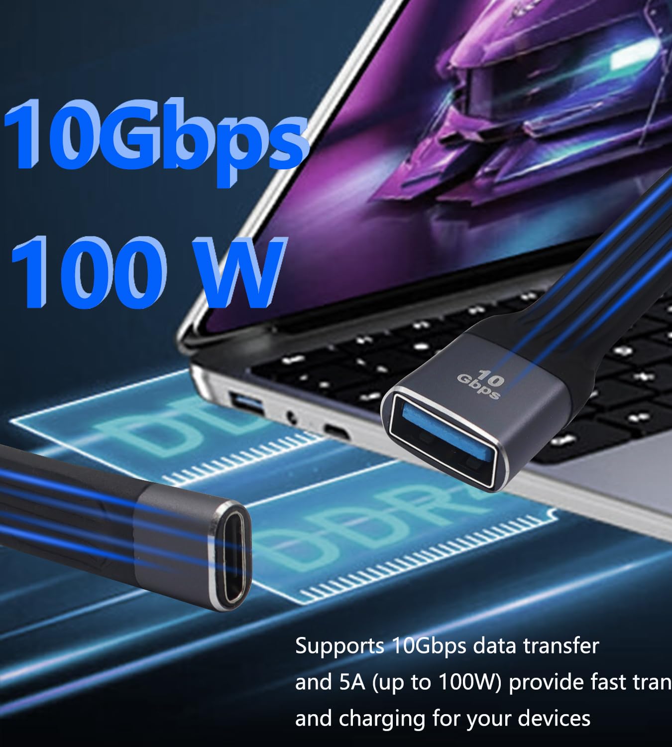 Cavo USB 3.1 Corto E Piatto, 10Gbps, 100W, Da USB-A Femmina A USB-C Femmina, 13cm, 4K@60Hz, Nero