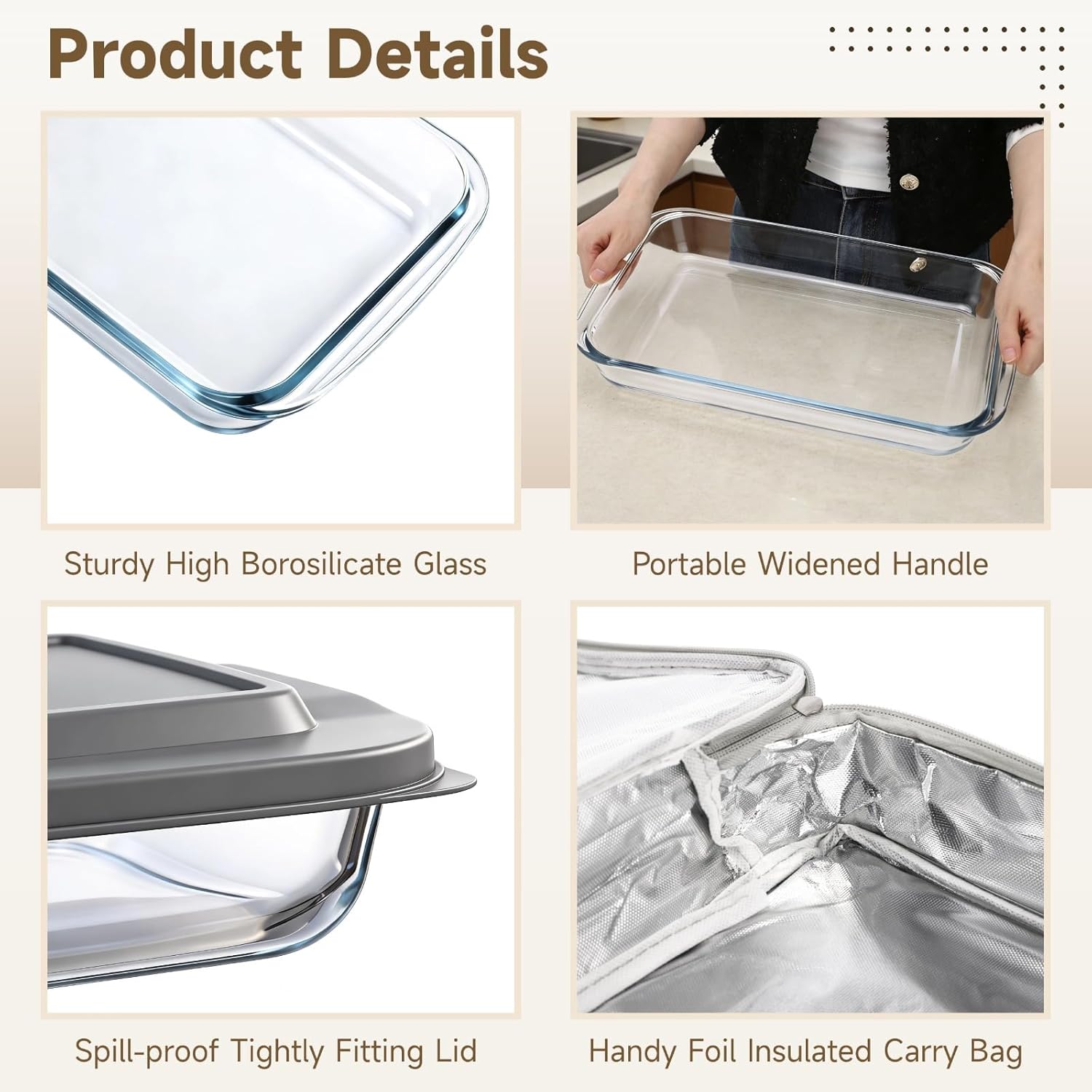 Glass Baking Dish with Lid, 9 x 13in High Borosilicate Glass Casserole with Insulated Carry Bag, Heat Resistant Food Container for Oven, Microwave, Freezer