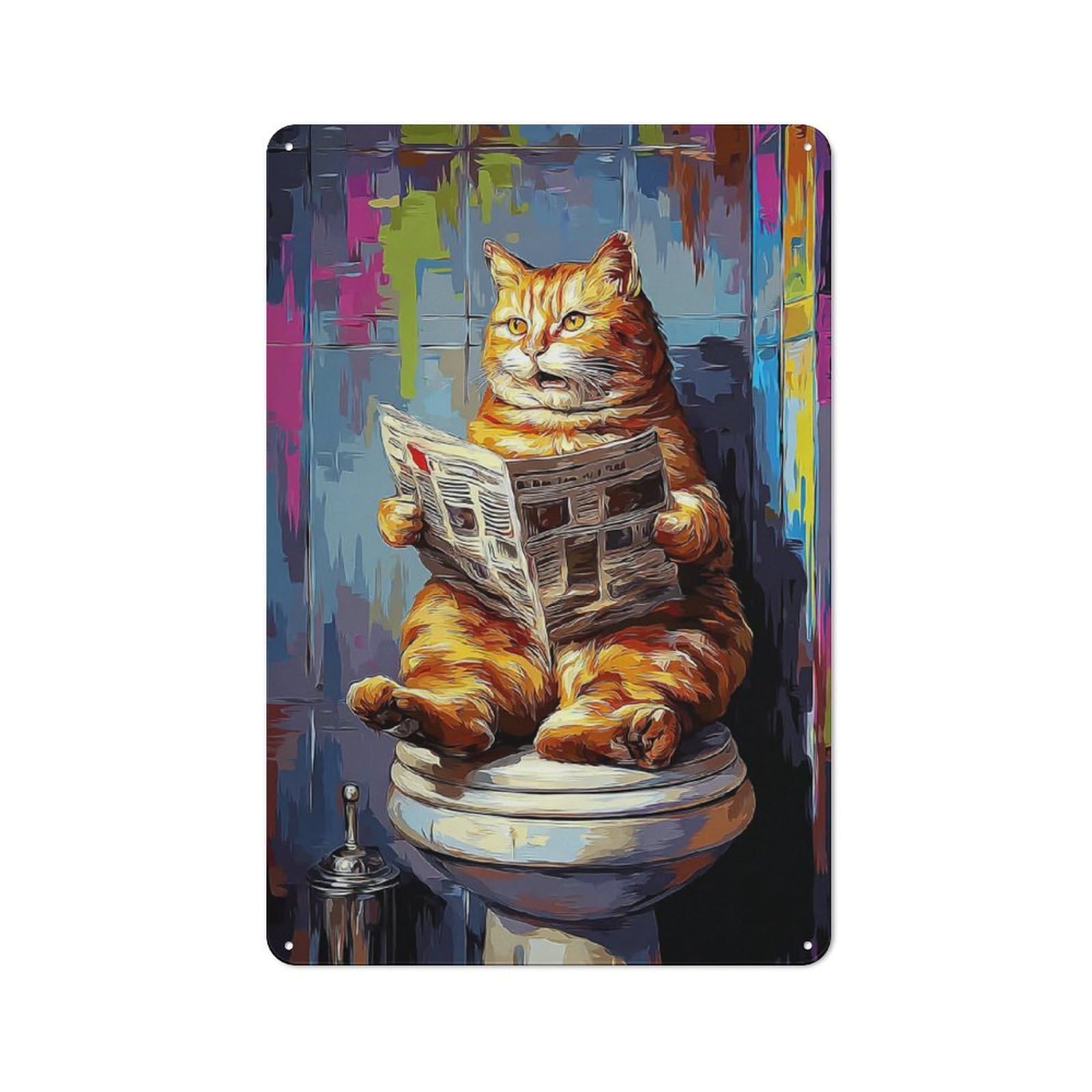 Junmoney Cat Reading Newspaper On Pedestal Cottage Style Metal Wall Decor 30X20cm, Farmhouse Metal Sign For Kitchen, Cottage, Porch Or Garden Room