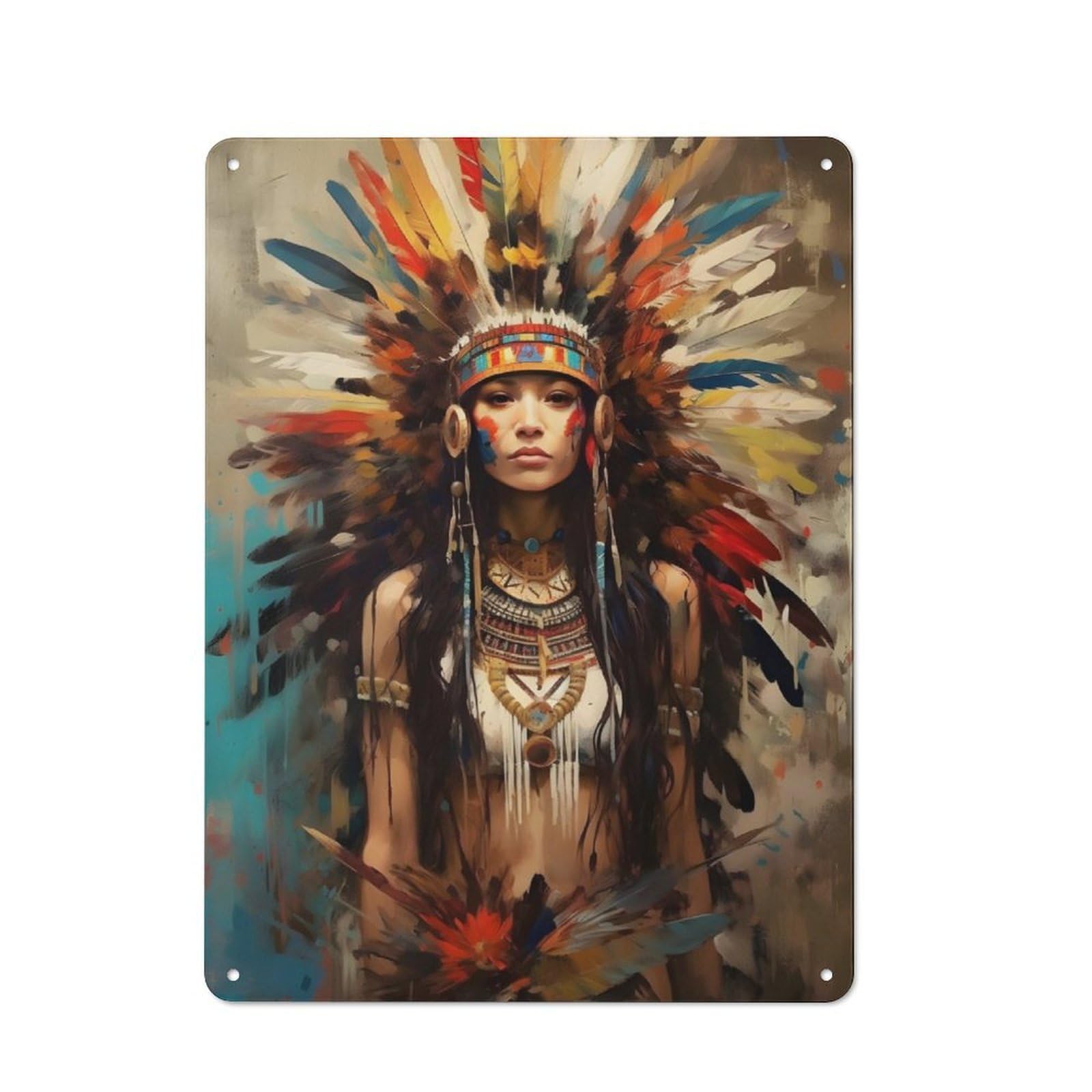 Rustic Tin Wall Sign 40x30cm Featuring Painted Native American, Bistro Wall Plaque for Restaurant, Kitchen, Counter Or Breakfast Nook