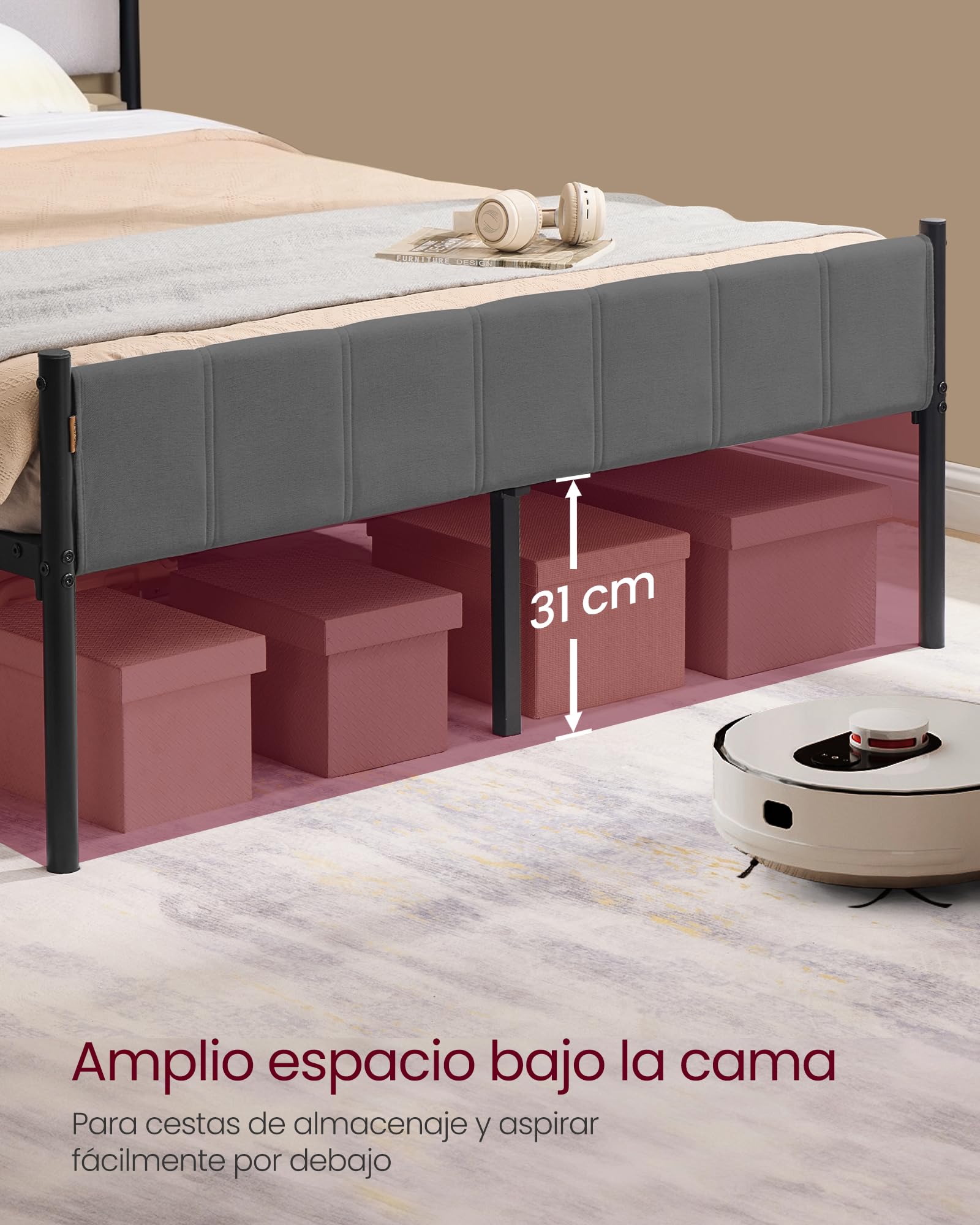 VASAGLE Marco de Cama Doble 135x190 cm Cabecero Tapizado Metal 500 kg Capacidad Peso Gris Pizarra