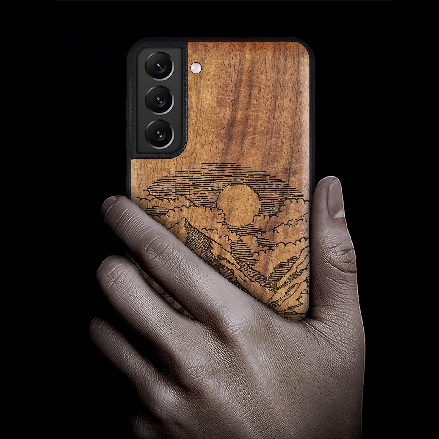 Carveit Wood Case for Galaxy S22 Case [Natural Wood & Black Soft TPU] Shockproof Protective Cover Unique & Classy Wooden Design Compatible with Samsung S22 (Alpine Lake-Walnut)