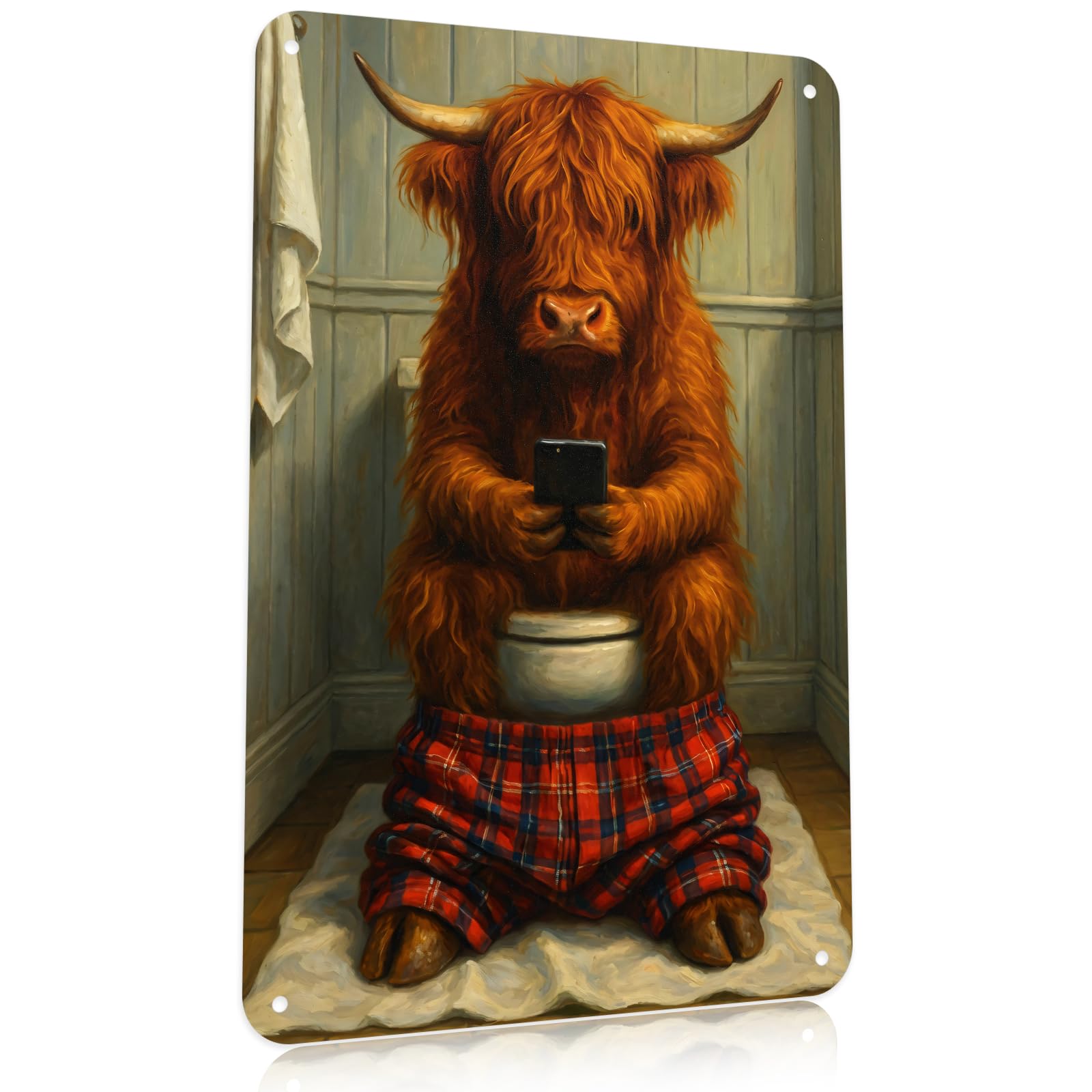 zhongko Humorous Highland Cow Toilet Tin Sign, Nordic-Style Tinplate Wall Art, Vintage Highland Cow House Decor Gifts, Animal Artwork for Bathroom Toilet Wall and Corridors Decor (8 x 12 in)