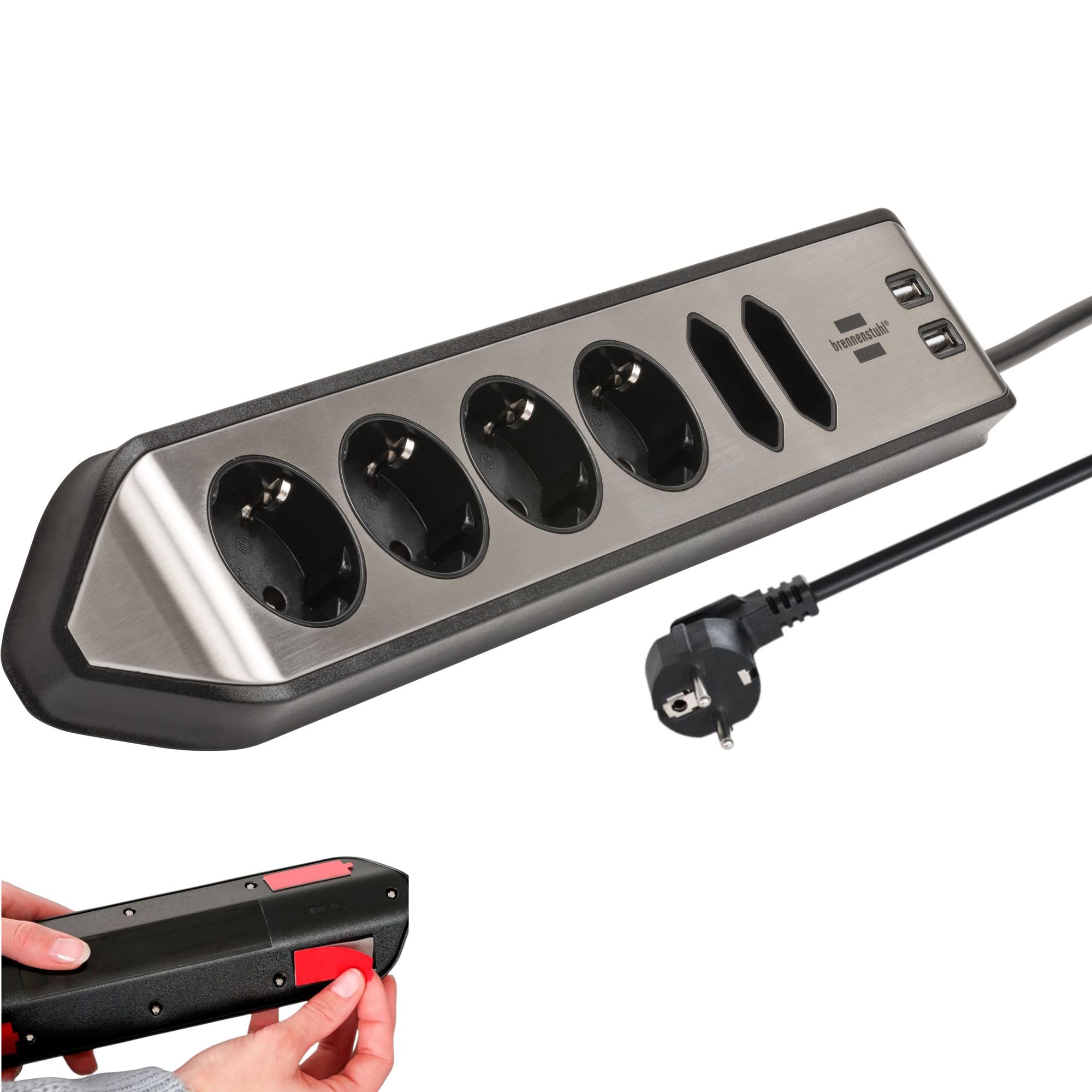 Brennenstuhl Estilo Ecksteckdosenleiste 6-Fach (Tischsteckdose mit Edelstahloberfläche für Küche/Büro, Ecksteckdose mit 4X Schutzkontakt-Steckdosen, 2X Euro-Steckdosen, 2X USB) Silber/schwarz
