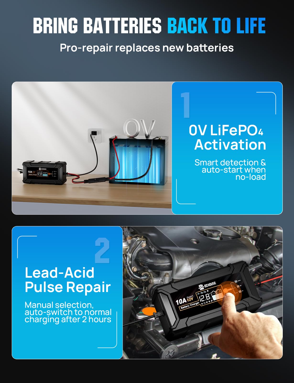 DC House Chargeur de batterie 12 V 10 A, chargeur intelligent de voiture entièrement automatique Désulfateur pour batteries plomb-acide et LiFePO4 de voiture, moto, camion, tondeuse à gazon