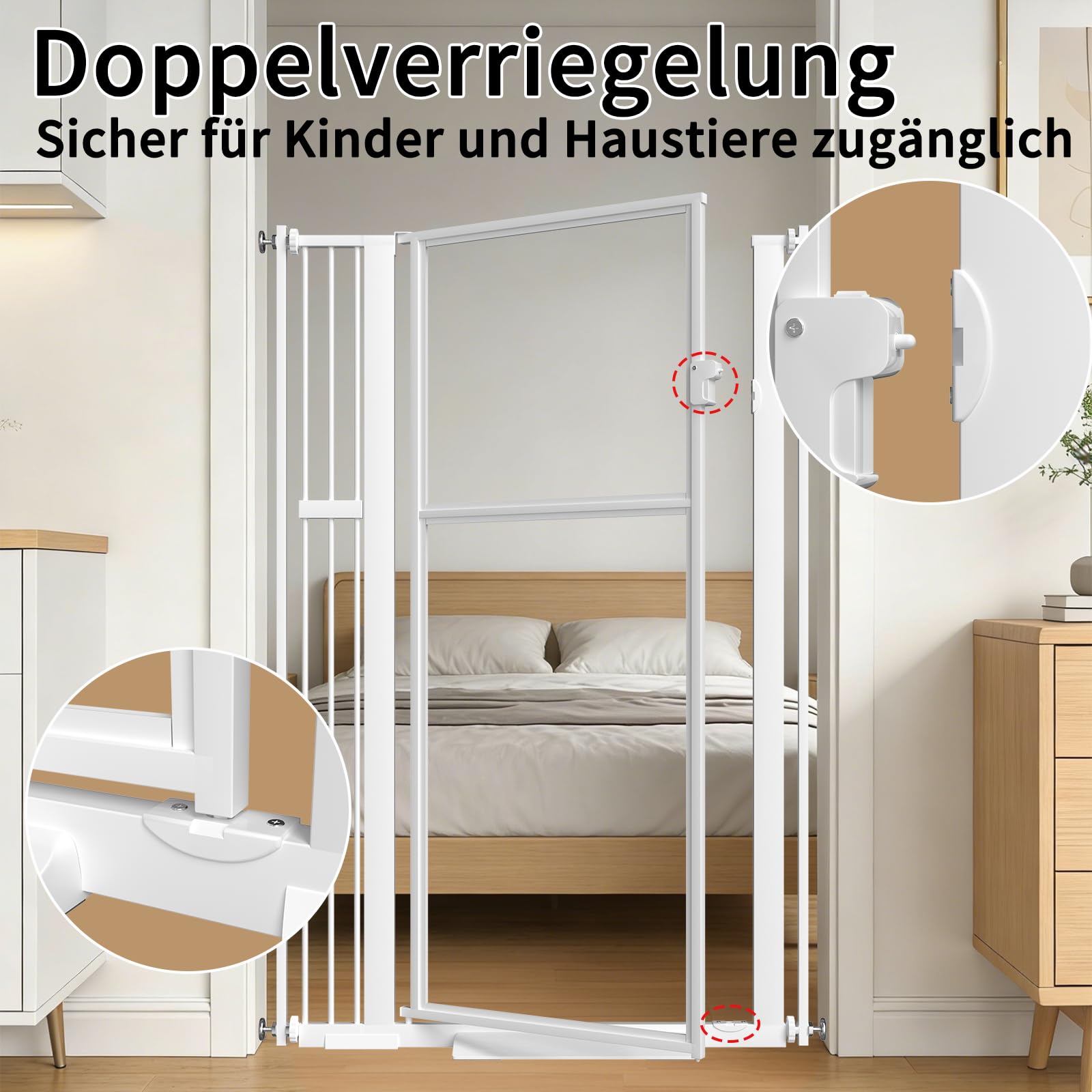 Xifamniy 142CM Türschutzgitter extra hoch，Breite 75CM-115CM Katzenschutzgitter，katzengitter tür ohne Bohren，Transparentes PC-Material, doppelter Verschlusssystem, automatische Schließung, weiß