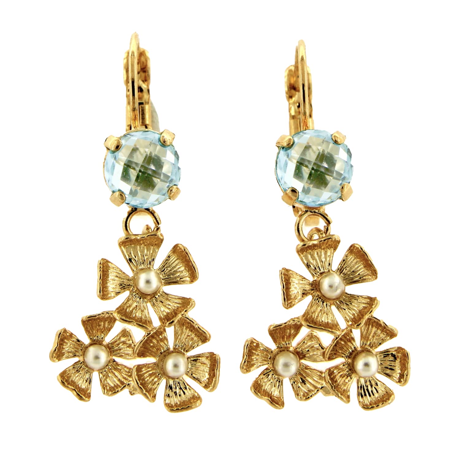 Boucles d'oreilles faites à la main Mokilu' en quartz bleu et fleurs