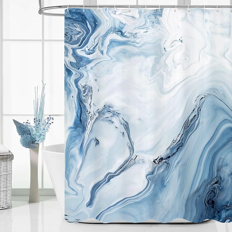 Blue Marble Shower Curtain, Modern Ombre Elegant Fabric Cloth Shower Curtains for Luxury Bathroom Decor, Abstract Chic Summer Watercolor Shower Curtain, 72x72