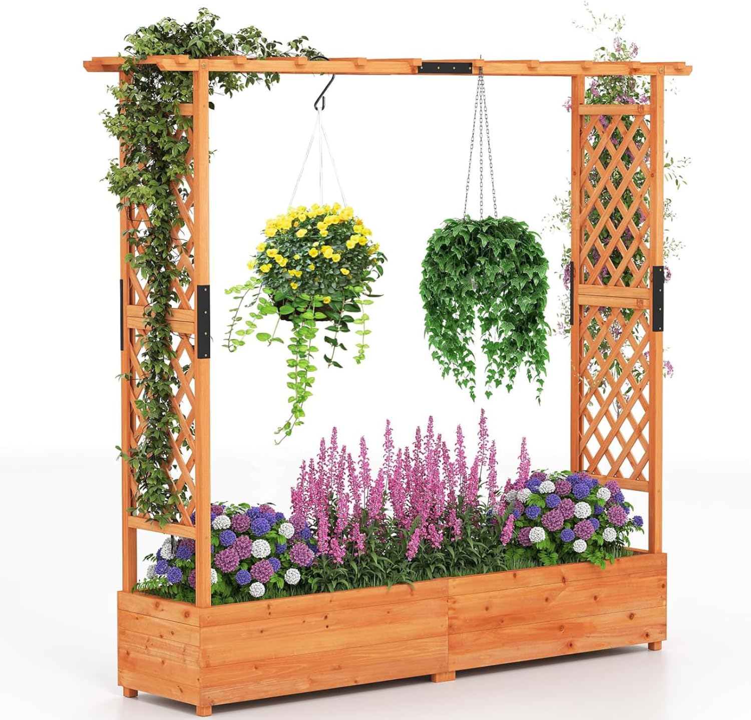 COSTWAY ガーデンプランター トレリス付き 吊り屋根と排水穴付き 耐候性木製隆起ベッド つるつる植物用 屋外トラフコンテナ グロウボックス 植木鉢(オレンジ、196x44x182cm)