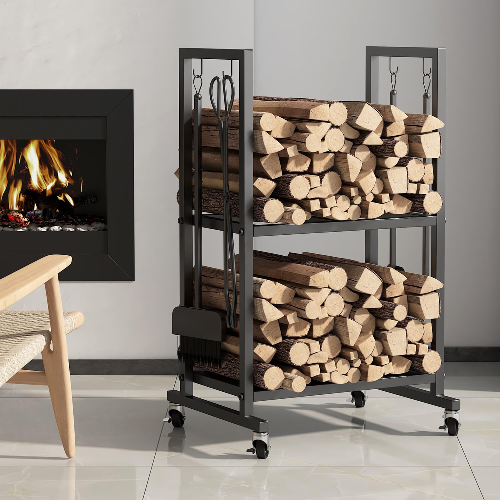 Leñero con ruedas y juego de herramientas para chimenea, incluye 4 herramientas, apto para uso interior y exterior, ideal para almacenar leña, negro.