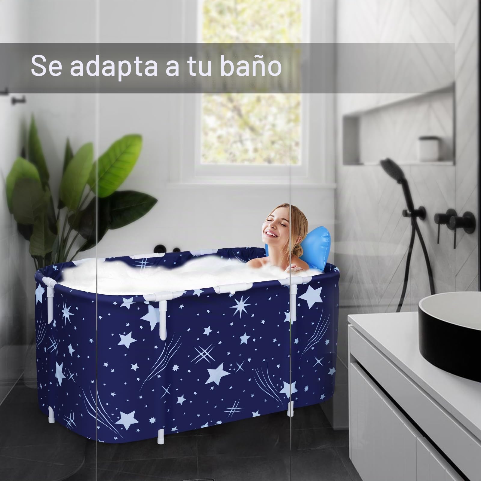 Bañera Plegable para Adultos y Niños Bañera Familiar Portatil con Respaldo, Cojín, Bomba de Pies, Funda Aislante, Bolsa de Baño y 2 Tubos de Drenaje, 125x55x54CM