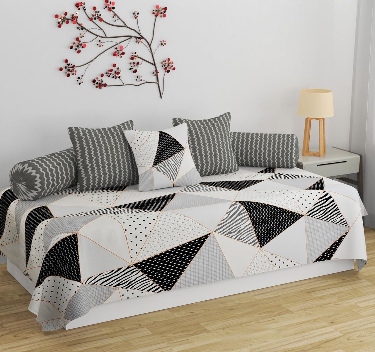 Diwan Set for Living Room, diwan Set Covers Glace Cotton, diwan Set 8 Pieces (1 Single Bedsheet, 5 Cushion Covers, 2 Bolster Covers) (Black & White)-image-33