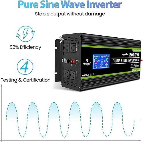 Miniatura 17 de Novopal Inversor de corriente de onda sinusoidal pura de 1000 W, convertidor de corriente de 12 V CC a 110 V/120 V CA, 4 salidas de CA, inversor