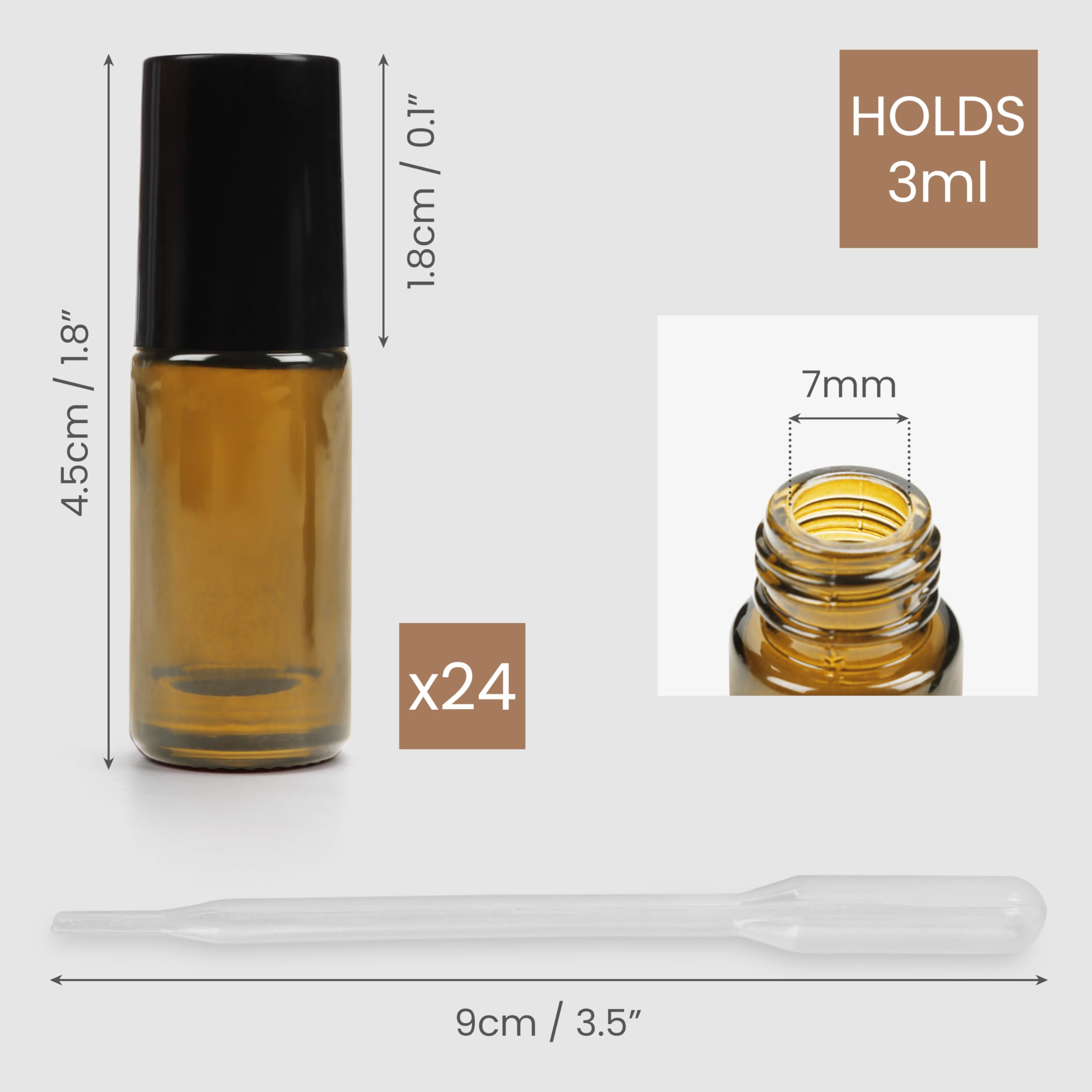BELLE VOUS Roll On Huiles Essentielles (Lot de 24) - Flacon en Verre Ambré de 3 ml - Flacons Vides Rechargeables avec Bille en Inox et Pipettes à Huile, Parfum et Aromathérapie