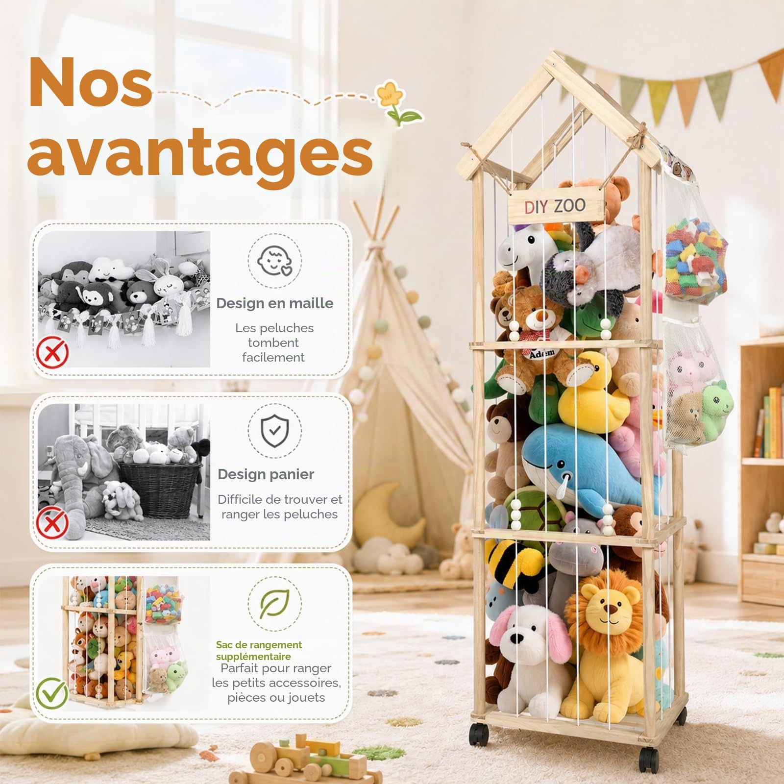Rangement Peluche de Enfant, Range Peluche en Bois Roues, 146 * 42 * 32cm,Meuble Rangement Jouet Enfant pour Chambre d'enfant, Salle de Jeux avec Sac（avec Toit）