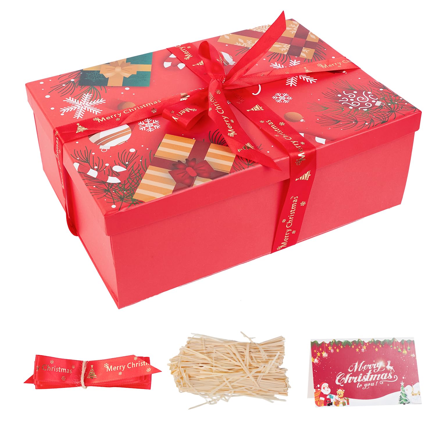 Large Christmas Boxes with Lids for Present,11.3x8.2x4.1In Christmas Boxes for Gifts with Card,Ribbon and Crinkle Paper (Red)