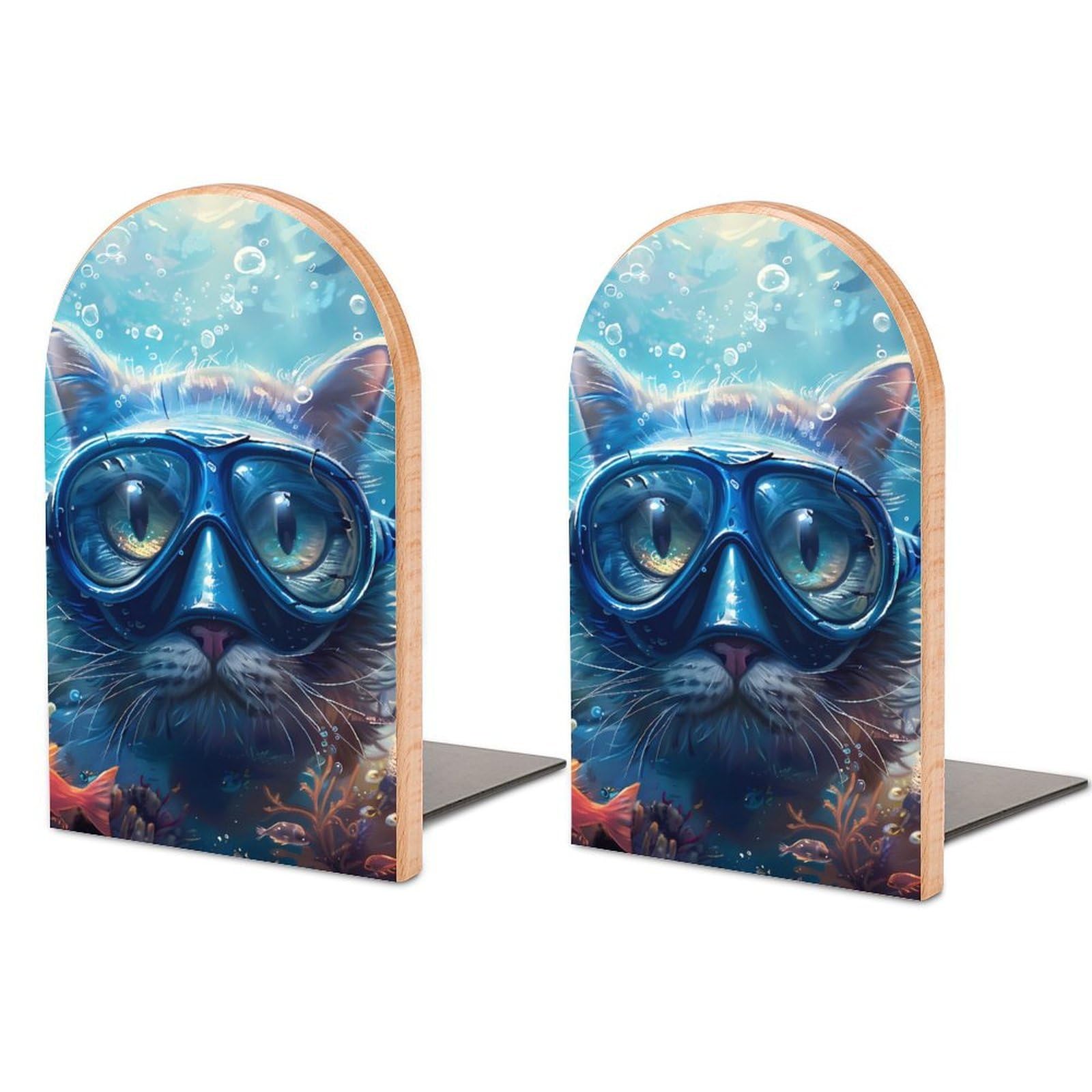 Scuba Diving Cat Book Ends Wood Non-Slip Books Stand Book Holders Book Stopper Organizer for Shelves Home Office