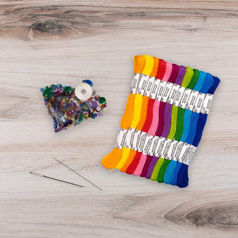 Embroidery Floss Trim Set – 12 Skeins, 8.7 Yards Each – Assorted Sequins &amp; Beads, 2 Needles, Sewing Thread &amp; Stitch Diagrams